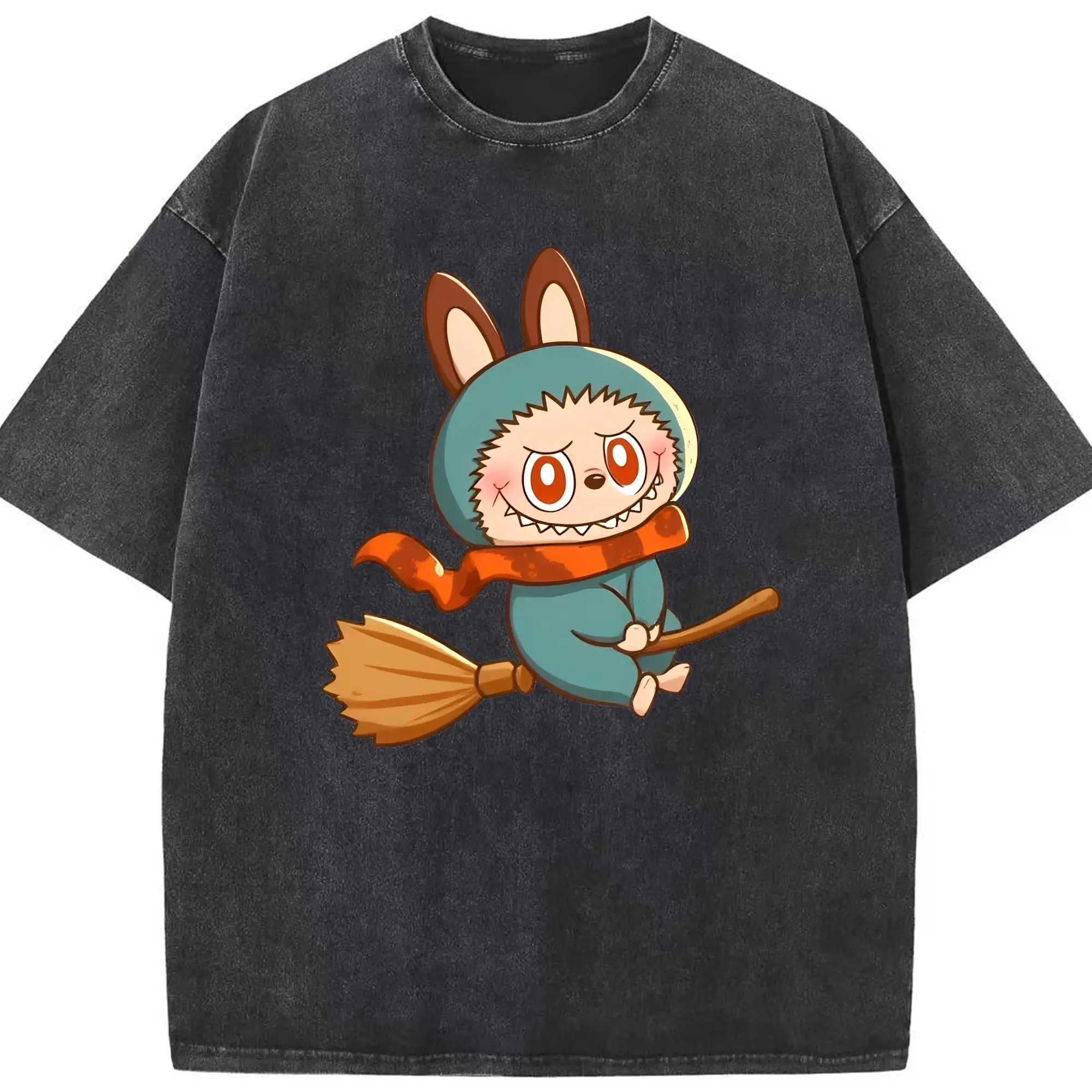 Labubu Cute Magical Witch Broom Cartoon DIY - Washed Vintage Look 230g Cotton Oversized T-Shirt With Front Heat Transfer Print – Soft, Lightweight, Stylish Fit – Comfortable Casual Wear For Sports & Everyday Use