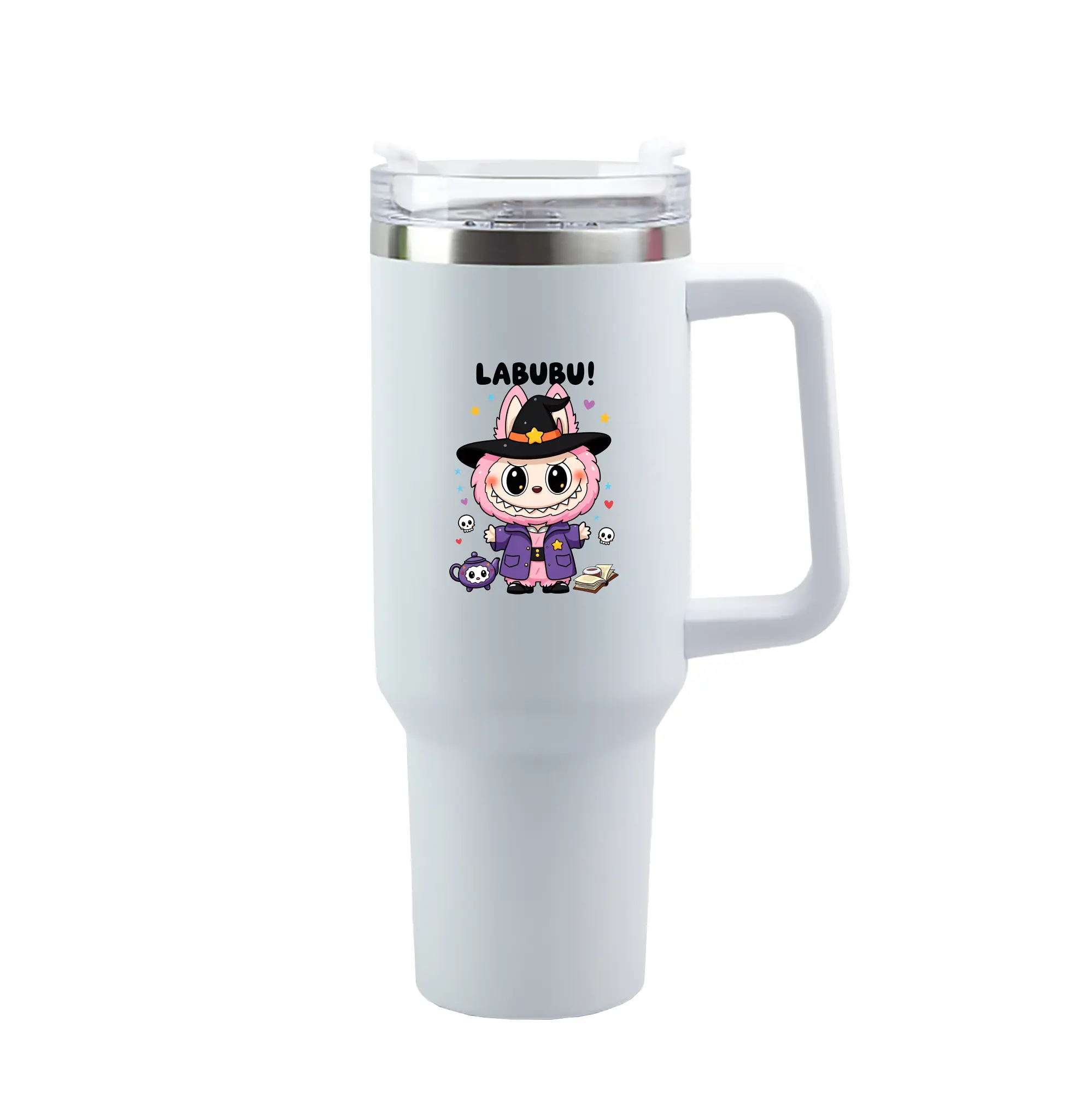 Labubu Cute Magical Witch Cartoon DIY - 40oz Handle Car Tumbler – Durable Stainless Steel Travel Mug With UV Print – Double Wall Insulated, Fits Most Car Cup Holders