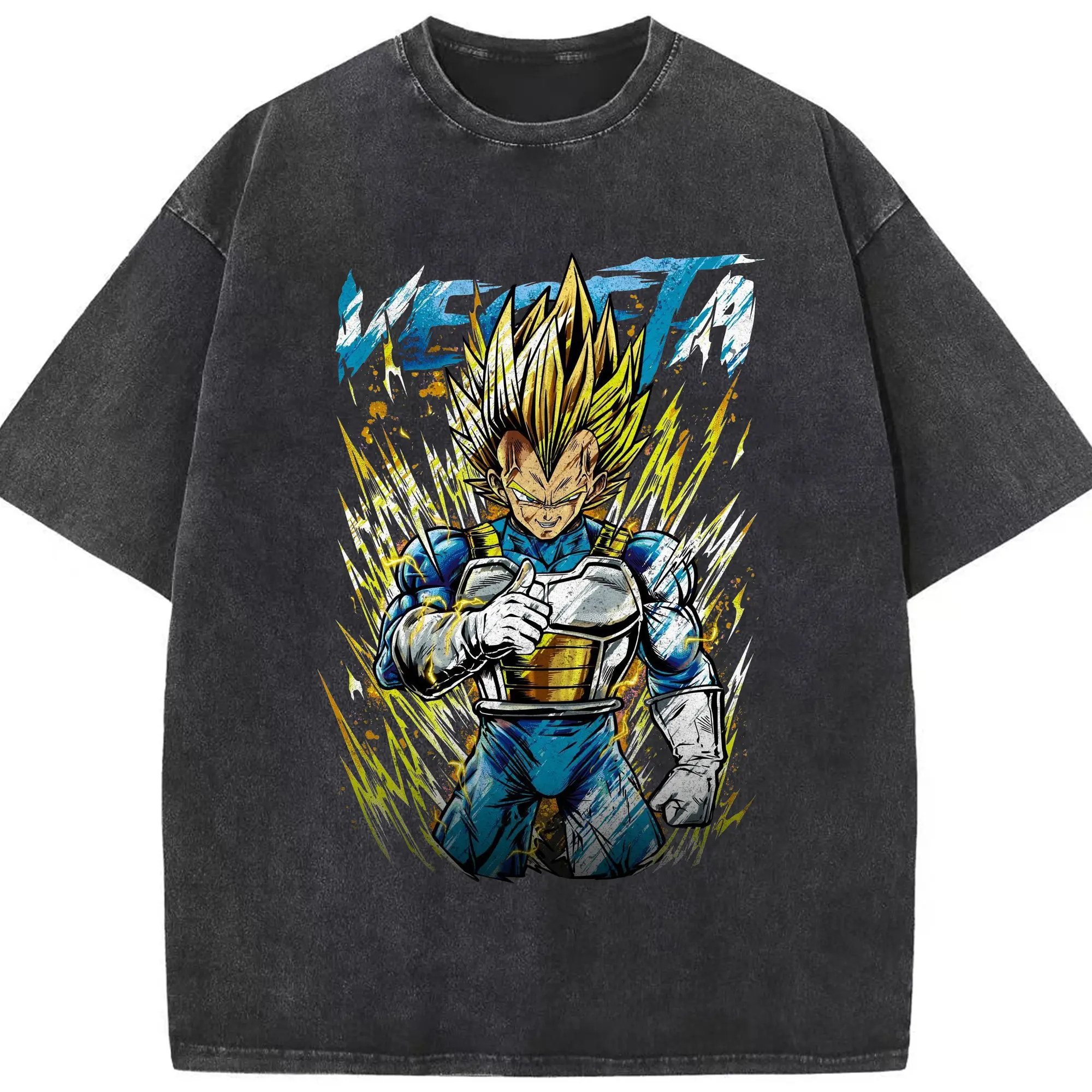 Dragon Ball Vegeta Super Saiyan Retro DIY Shirt - Washed Vintage Look 230g Cotton Oversized T-Shirt With Front Heat Transfer Print – Soft, Lightweight, Stylish Fit – Comfortable Casual Wear For Sports & Everyday Use