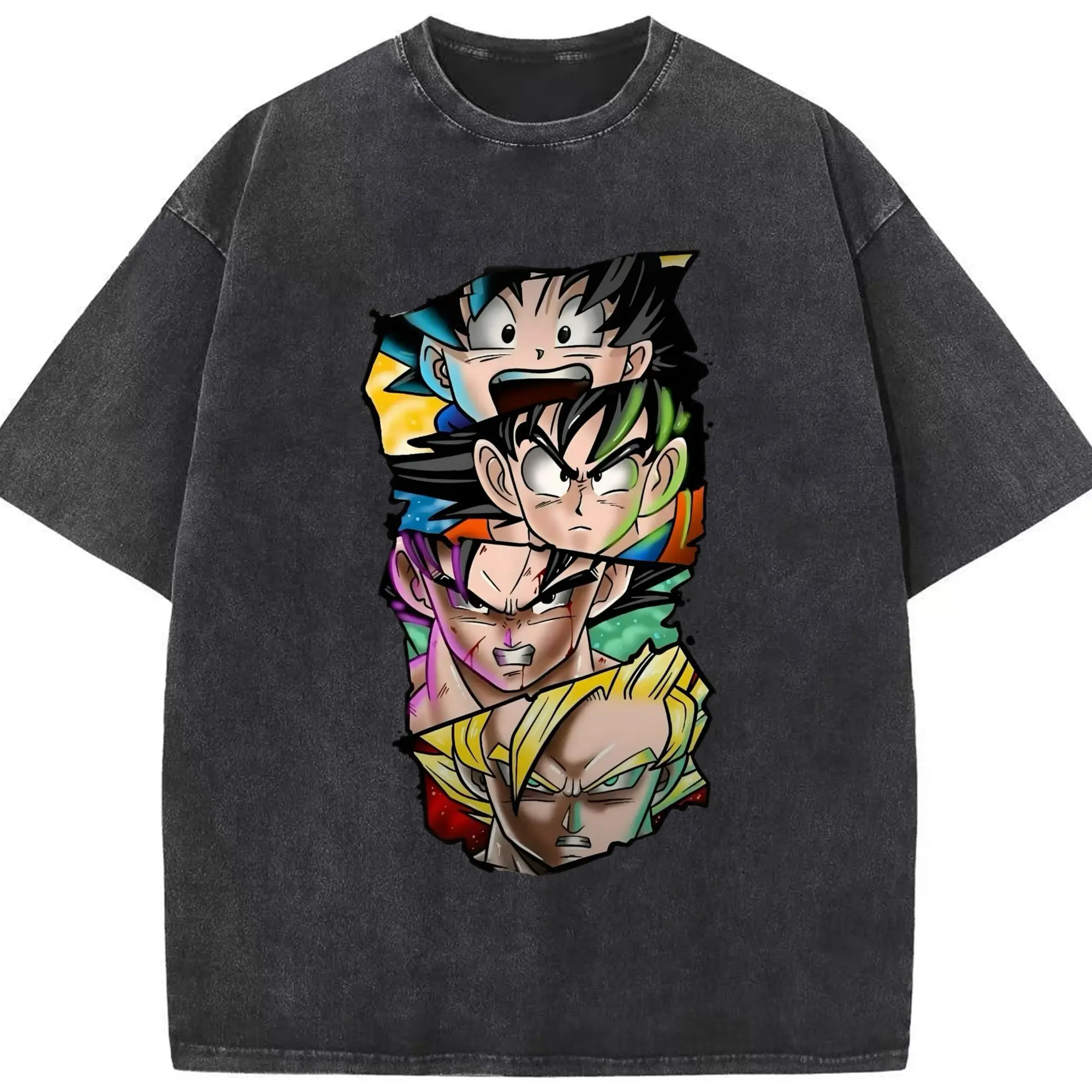 Dragon Ball Goku Multiple Forms DIY Shirt - Washed Vintage Look 230g Cotton Oversized T-Shirt With Front Heat Transfer Print – Soft, Lightweight, Stylish Fit – Comfortable Casual Wear For Sports & Everyday Use