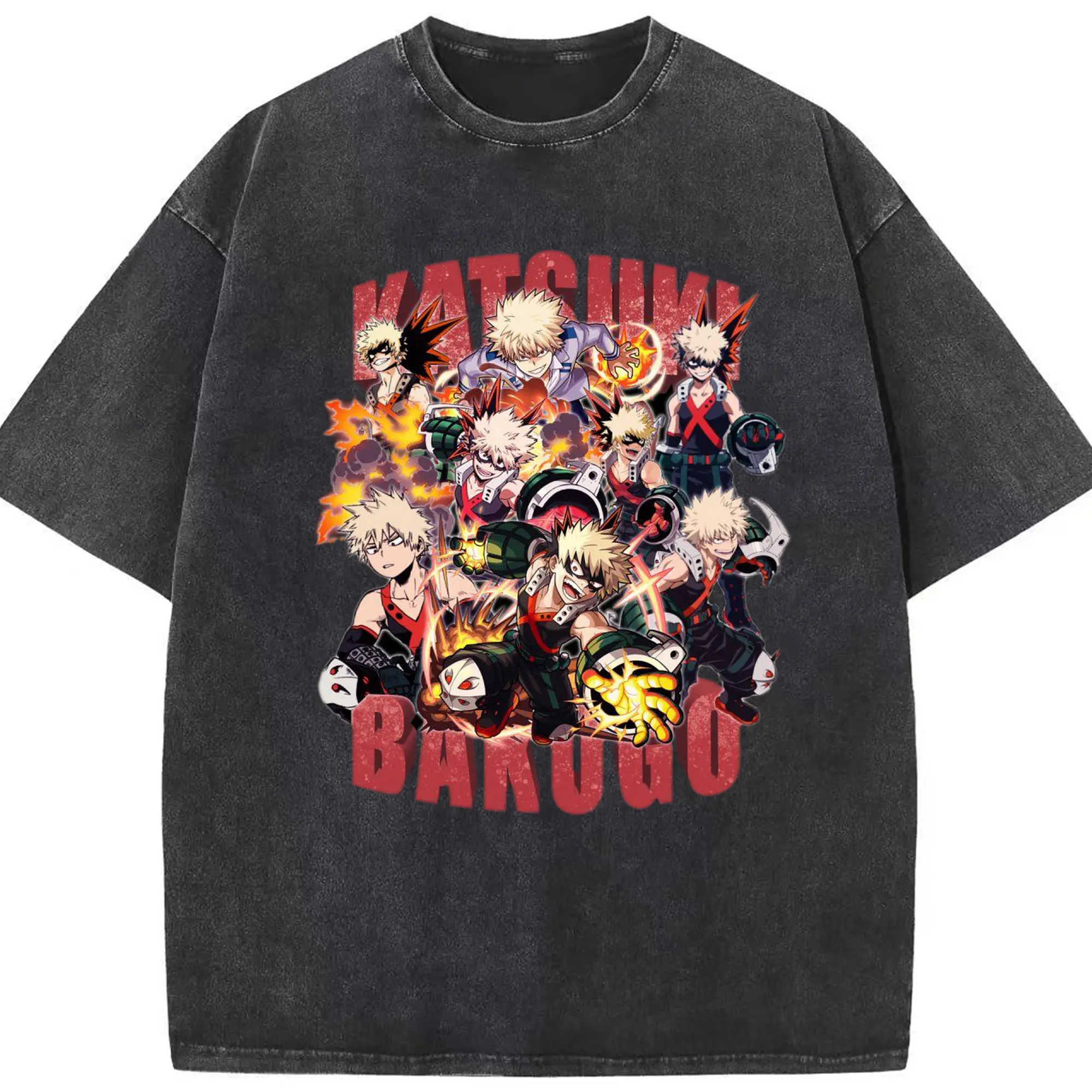 My Hero Academia Katsuki Bakugo DIY - Washed Vintage Look 230g Cotton Oversized T-Shirt With Front Heat Transfer Print – Soft, Lightweight, Stylish Fit – Comfortable Casual Wear For Sports & Everyday Use