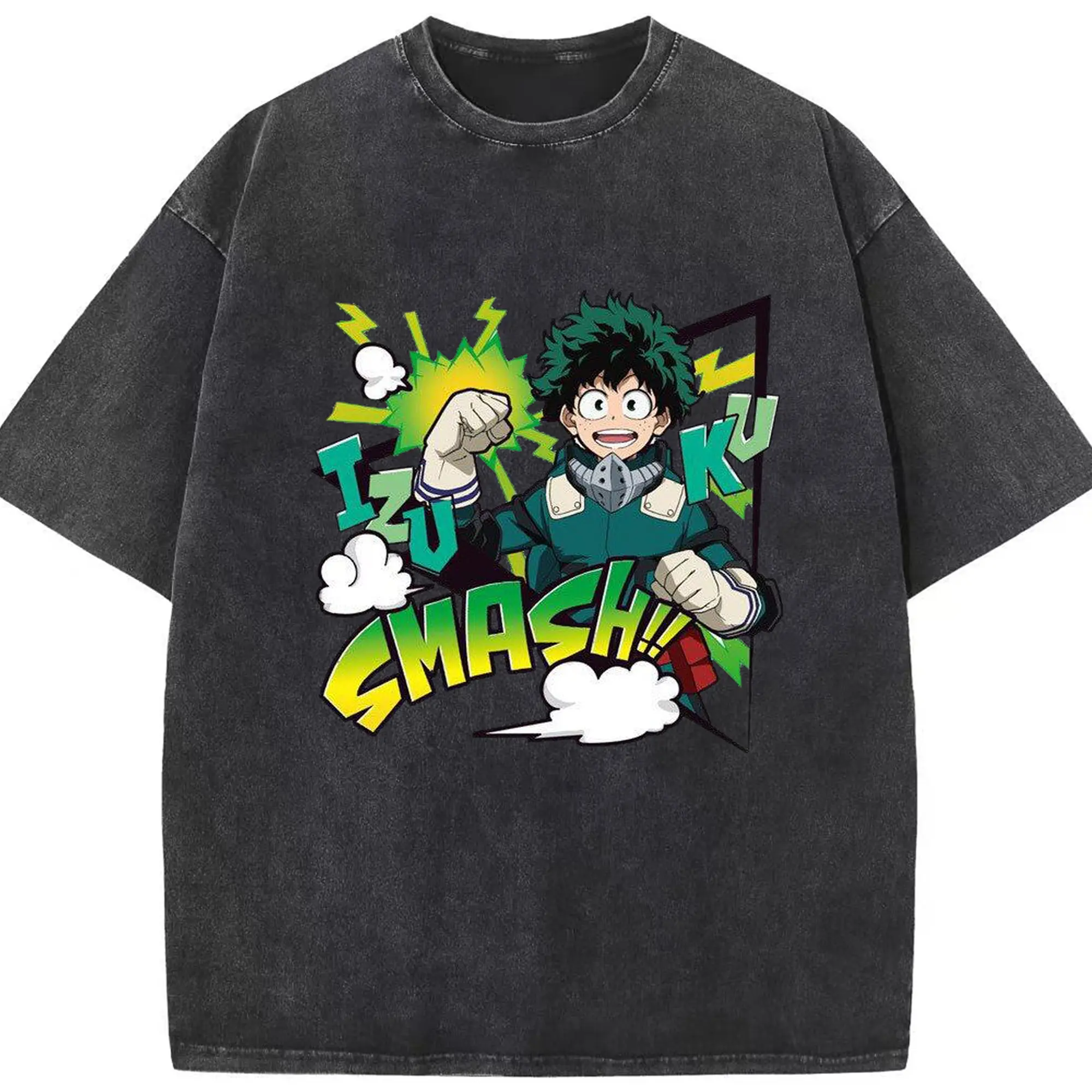 My Hero Academia Izuku Midoriya Smash DIY - Washed Vintage Look 230g Cotton Oversized T-Shirt With Front Heat Transfer Print – Soft, Lightweight, Stylish Fit – Comfortable Casual Wear For Sports & Everyday Use