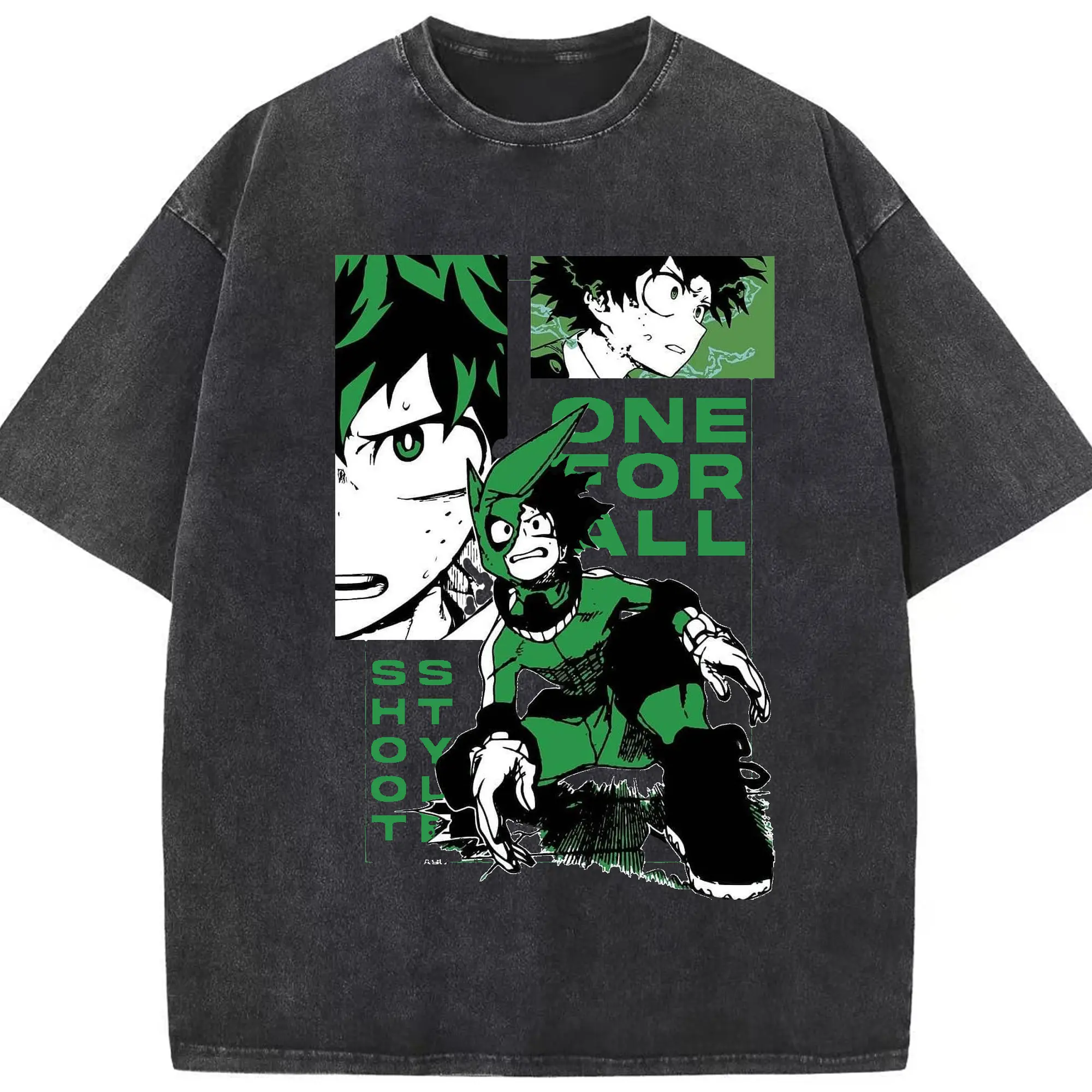 My Hero Academia Izuku Midoriya One For All DIY - Washed Vintage Look 230g Cotton Oversized T-Shirt With Front Heat Transfer Print – Soft, Lightweight, Stylish Fit – Comfortable Casual Wear For Sports & Everyday Use
