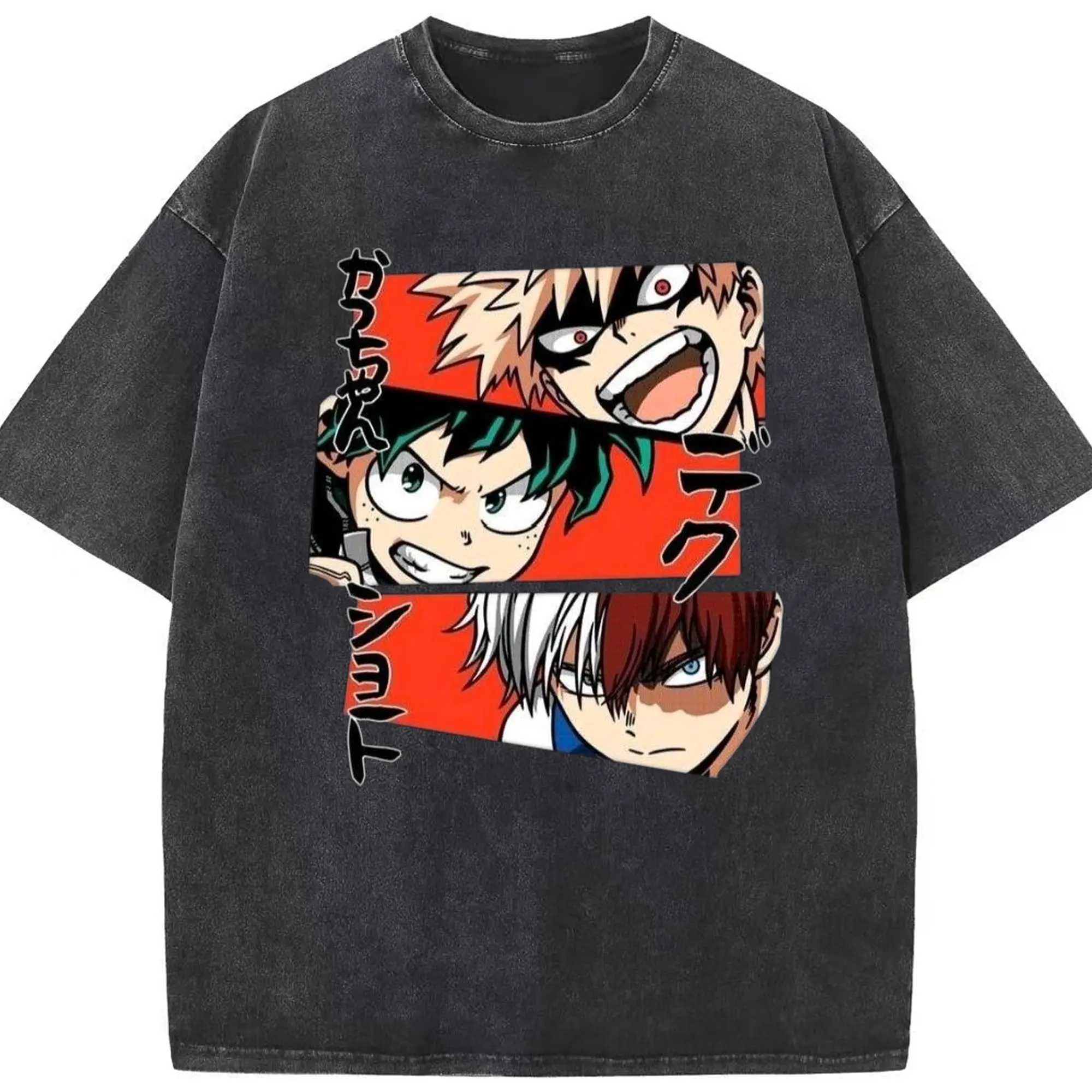 MHA Big 3 Manga Collage Trendy DIY - Washed Vintage Look 230g Cotton Oversized T-Shirt With Front Heat Transfer Print – Soft, Lightweight, Stylish Fit – Comfortable Casual Wear For Sports & Everyday Use