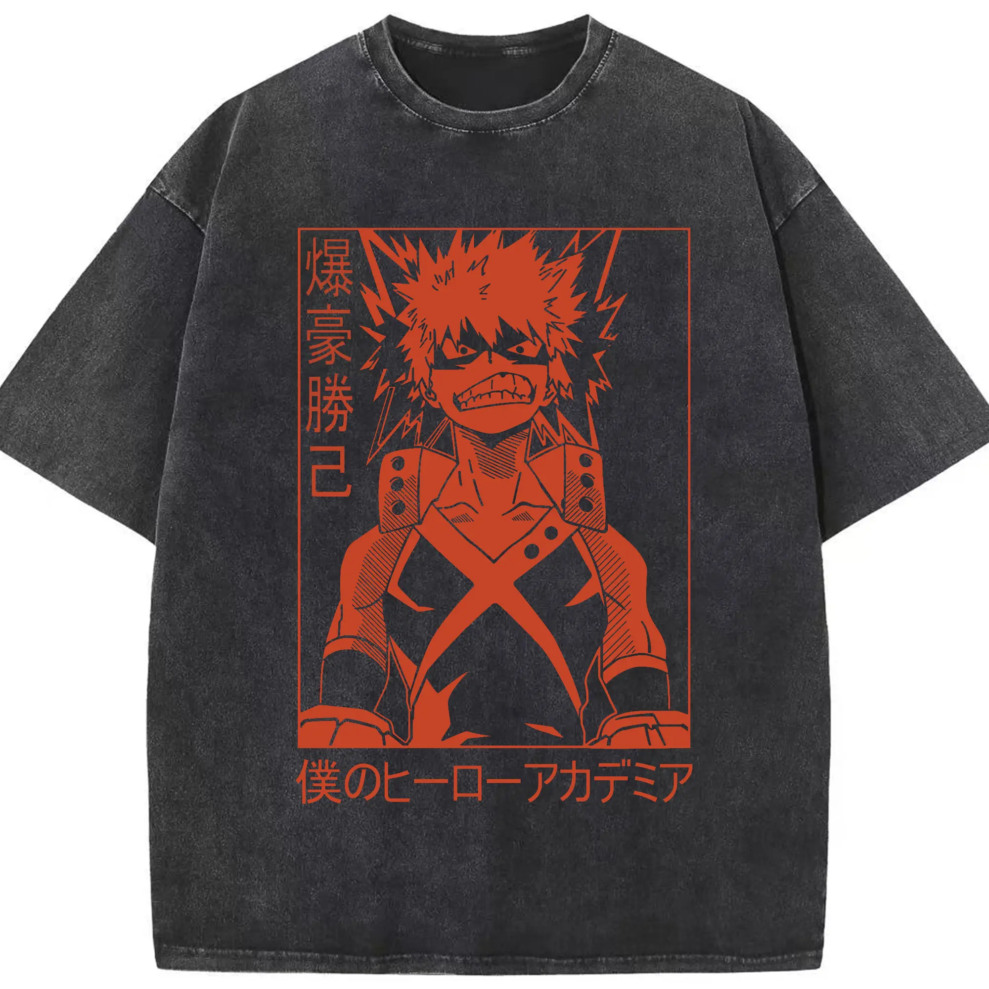 My Hero Academia Katsuki Bakugo Red Line Art DIY - Washed Vintage Look 230g Cotton Oversized T-Shirt With Front Heat Transfer Print – Soft, Lightweight, Stylish Fit – Comfortable Casual Wear For Sports & Everyday Use