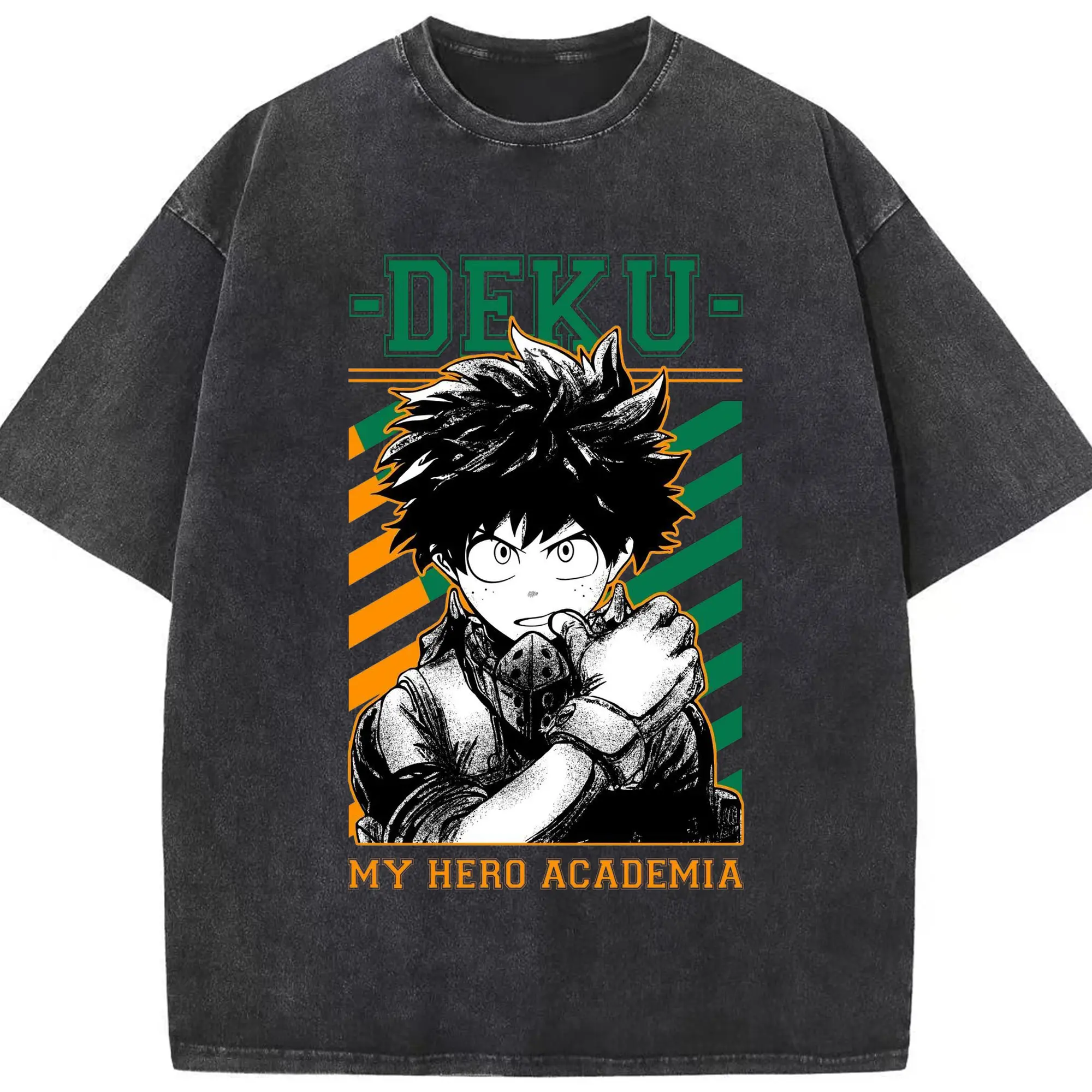 My Hero Academia Deku Retro Campus Style DIY - Washed Vintage Look 230g Cotton Oversized T-Shirt With Front Heat Transfer Print – Soft, Lightweight, Stylish Fit – Comfortable Casual Wear For Sports & Everyday Use