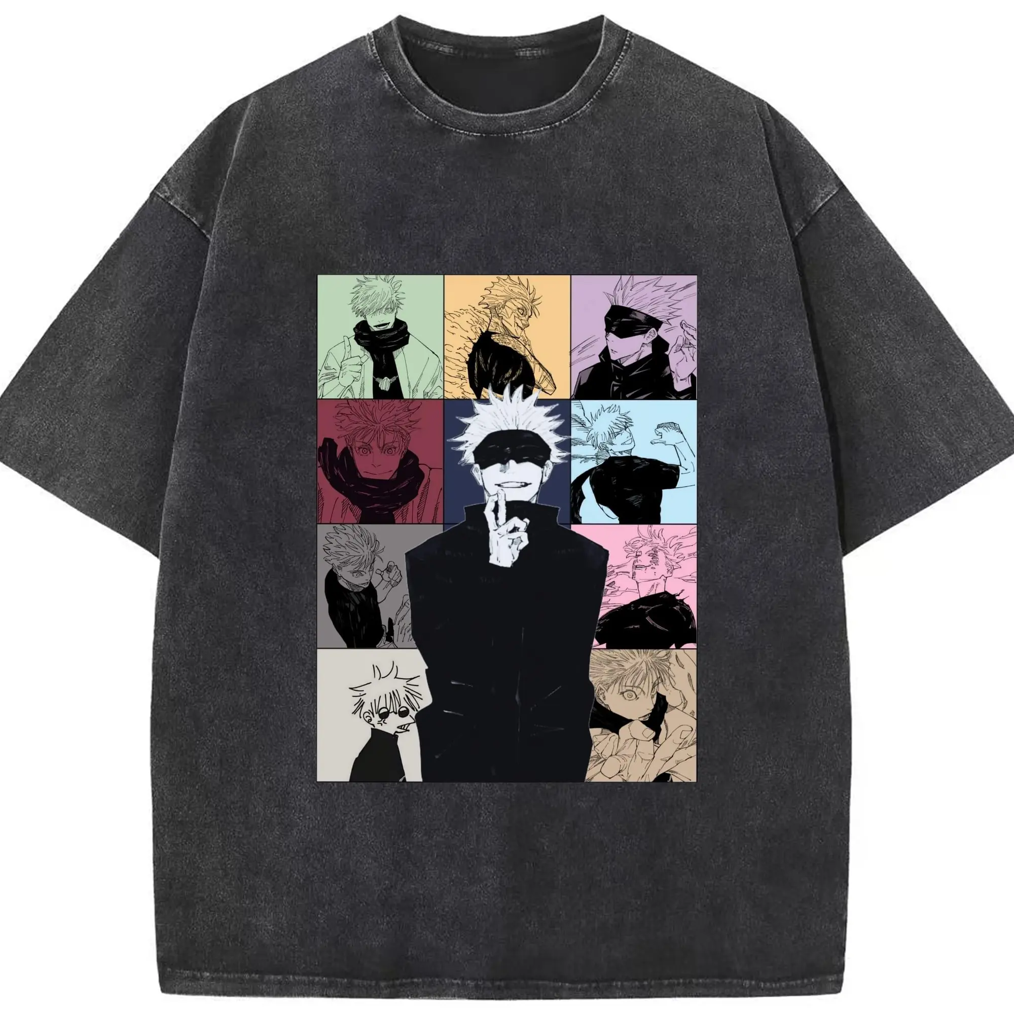 Jujutsu Kaisen Satoru Gojo Manga Panel DIY - Washed Vintage Look 230g Cotton Oversized T-Shirt With Front Heat Transfer Print – Soft, Lightweight, Stylish Fit – Comfortable Casual Wear For Sports & Everyday Use
