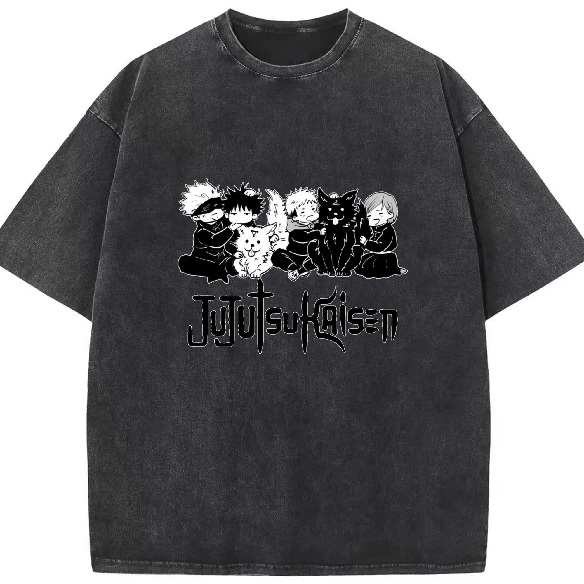 Jujutsu Kaisen Chibi Characters DIY - Washed Vintage Look 230g Cotton Oversized T-Shirt With Front Heat Transfer Print – Soft, Lightweight, Stylish Fit – Comfortable Casual Wear For Sports & Everyday Use