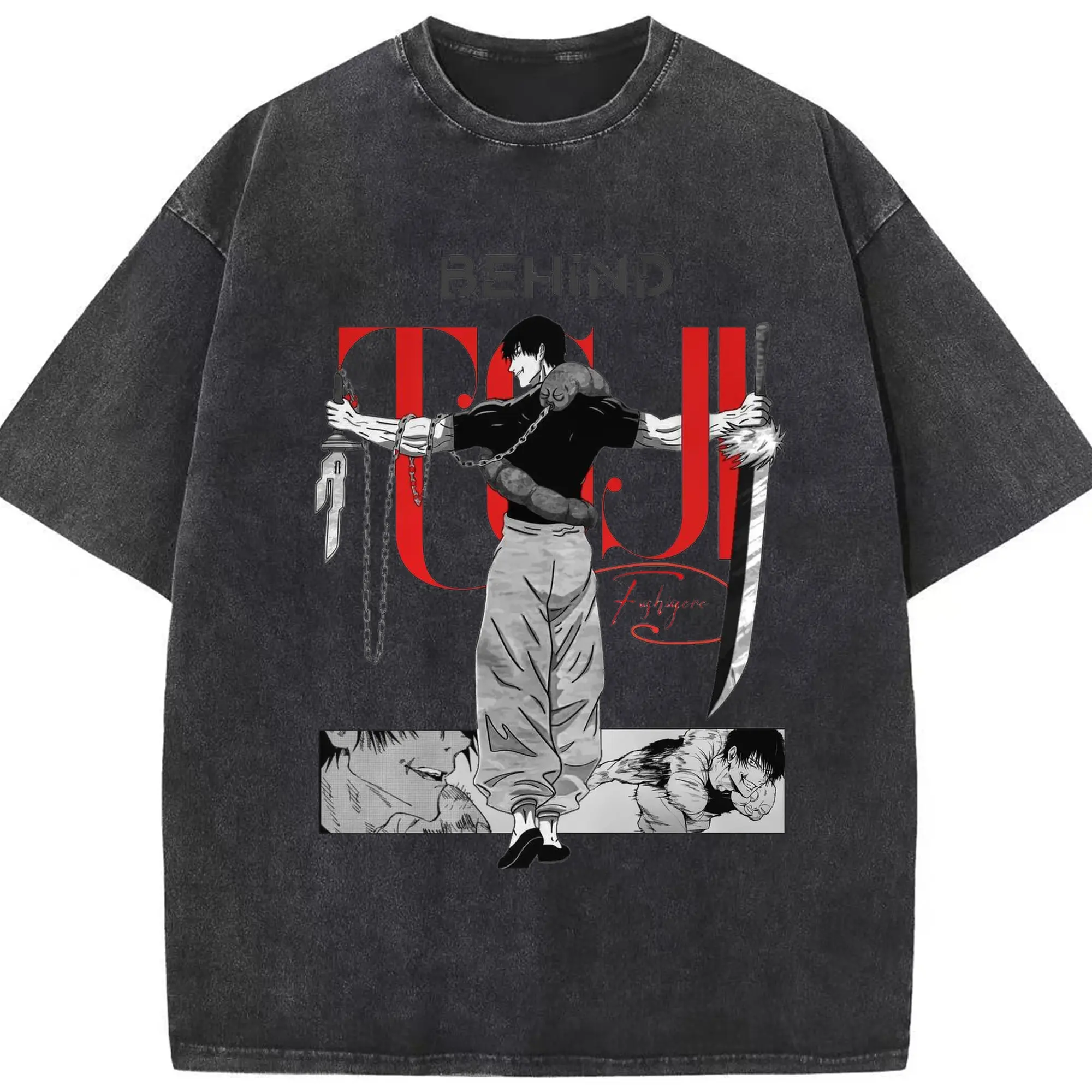 Jujutsu Kaisen-Inspired Toji Fushiguro Manga Art Trendy DIY - Washed Vintage Look 230g Cotton Oversized T-Shirt With Front Heat Transfer Print – Soft, Lightweight, Stylish Fit – Comfortable Casual Wear For Sports & Everyday Use