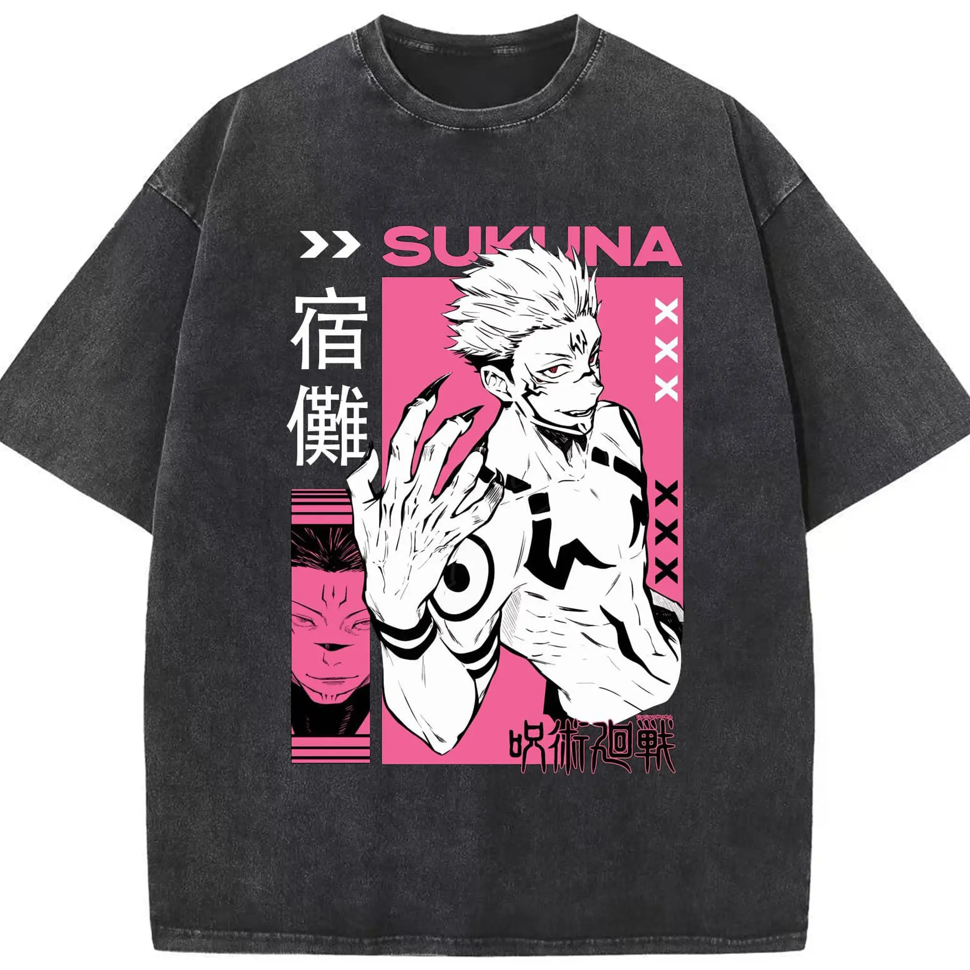 Jujutsu Kaisen Sukuna Trendy DIY - Washed Vintage Look 230g Cotton Oversized T-Shirt With Front Heat Transfer Print – Soft, Lightweight, Stylish Fit – Comfortable Casual Wear For Sports & Everyday Use