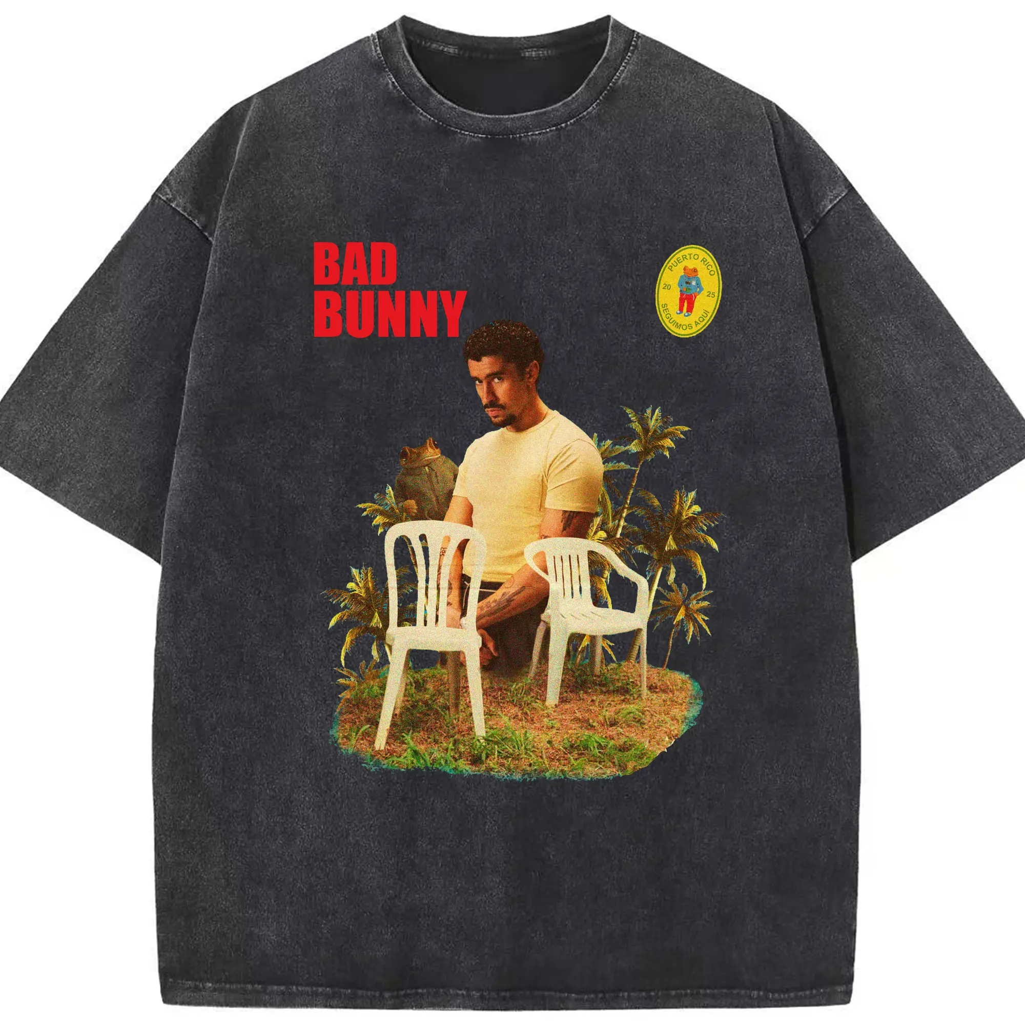 Bad Bunny Puerto Rico Retro Collage DIY - Washed Vintage Look 230g Cotton Oversized T-Shirt With Front Heat Transfer Print – Soft, Lightweight, Stylish Fit – Comfortable Casual Wear For Sports & Everyday Use