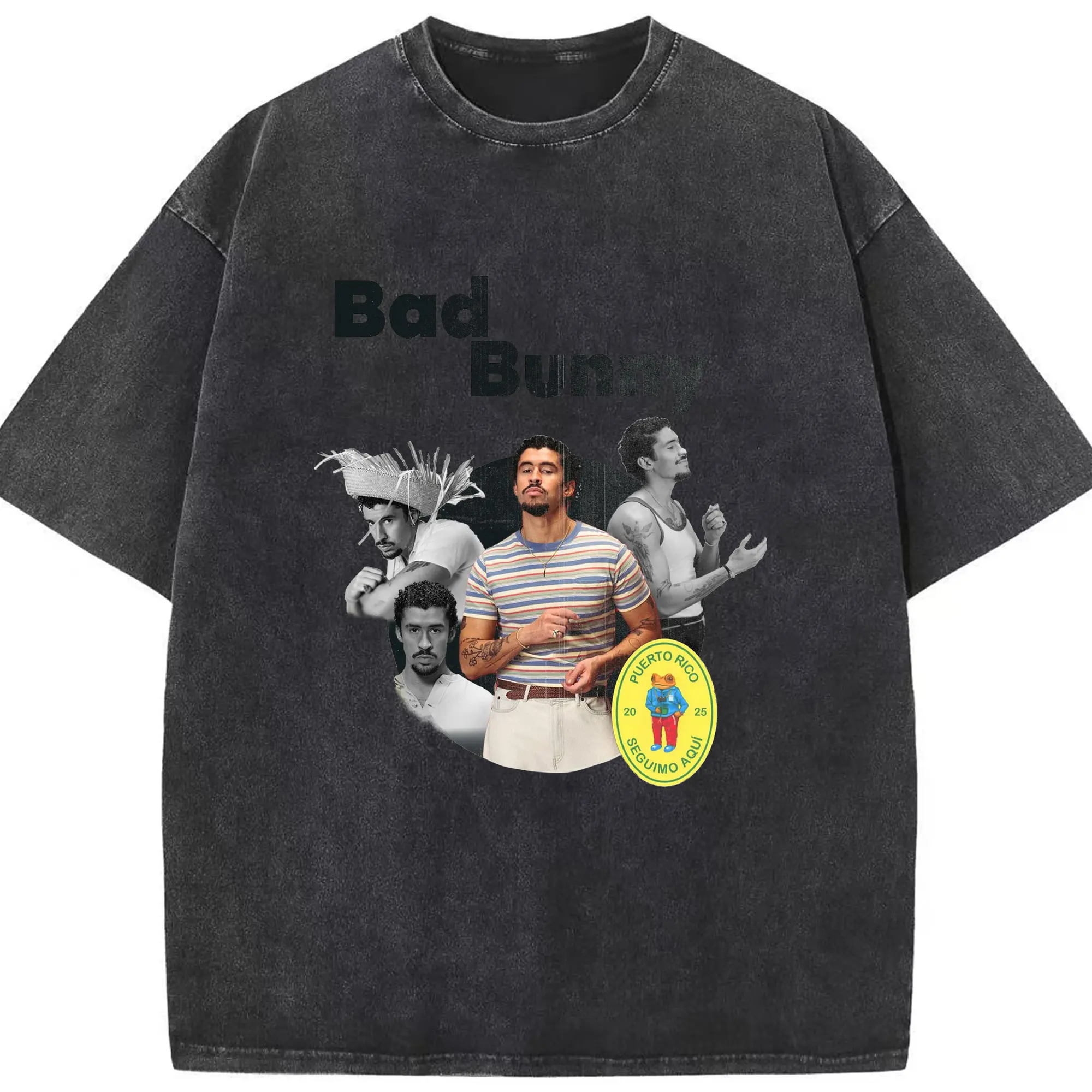Bad Bunny PUERTO RICO SEGUIMOS AQUÍ DIY - Washed Vintage Look 230g Cotton Oversized T-Shirt With Front Heat Transfer Print – Soft, Lightweight, Stylish Fit – Comfortable Casual Wear For Sports & Everyday Use