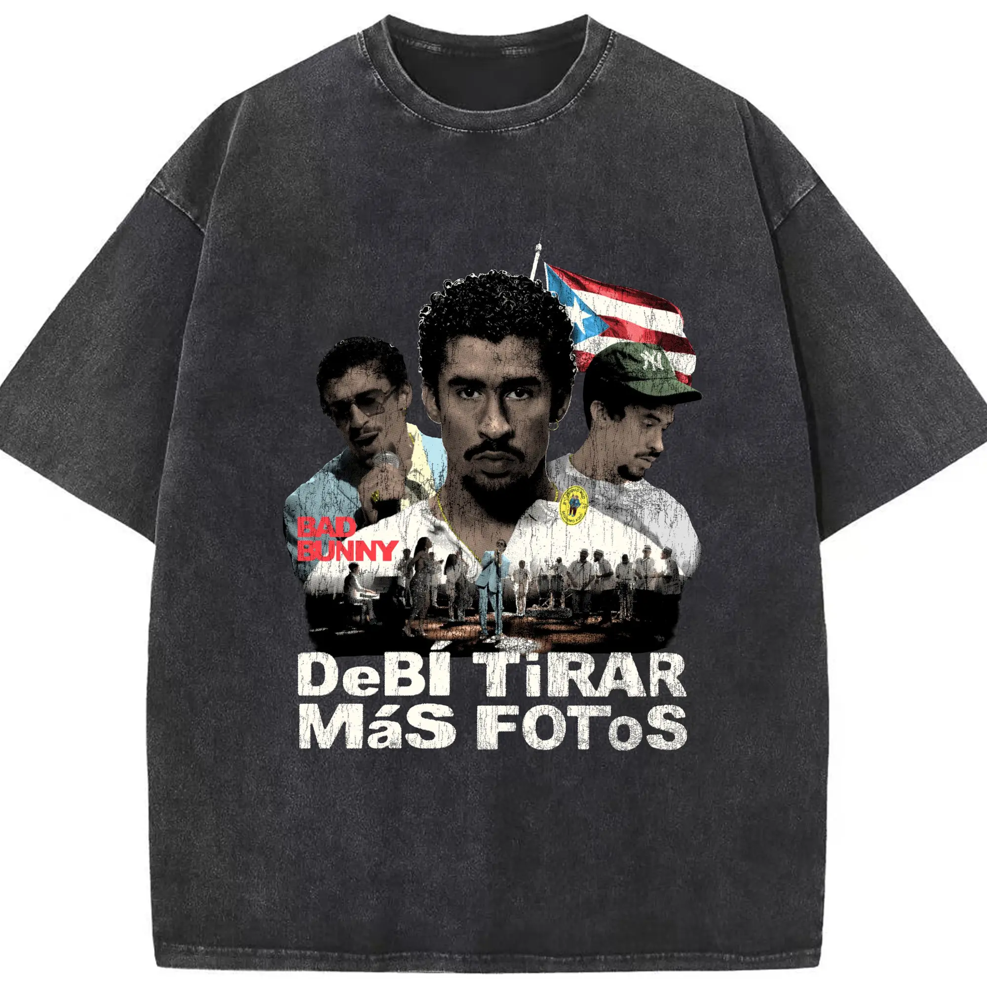 Bad Bunny Puerto Rican Retro Music DIY - Washed Vintage Look 230g Cotton Oversized T-Shirt With Front Heat Transfer Print – Soft, Lightweight, Stylish Fit – Comfortable Casual Wear For Sports & Everyday Use