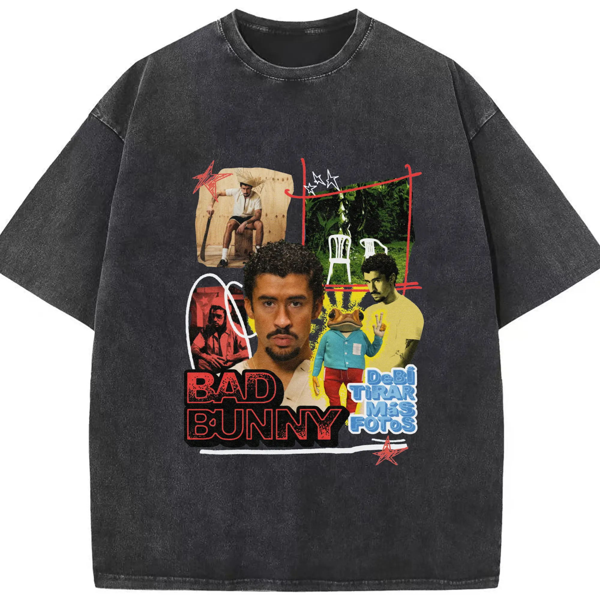 Bad Bunny-Inspired Latin Retro Trend Art DIY - Washed Vintage Look 230g Cotton Oversized T-Shirt With Front Heat Transfer Print – Soft, Lightweight, Stylish Fit – Comfortable Casual Wear For Sports & Everyday Use
