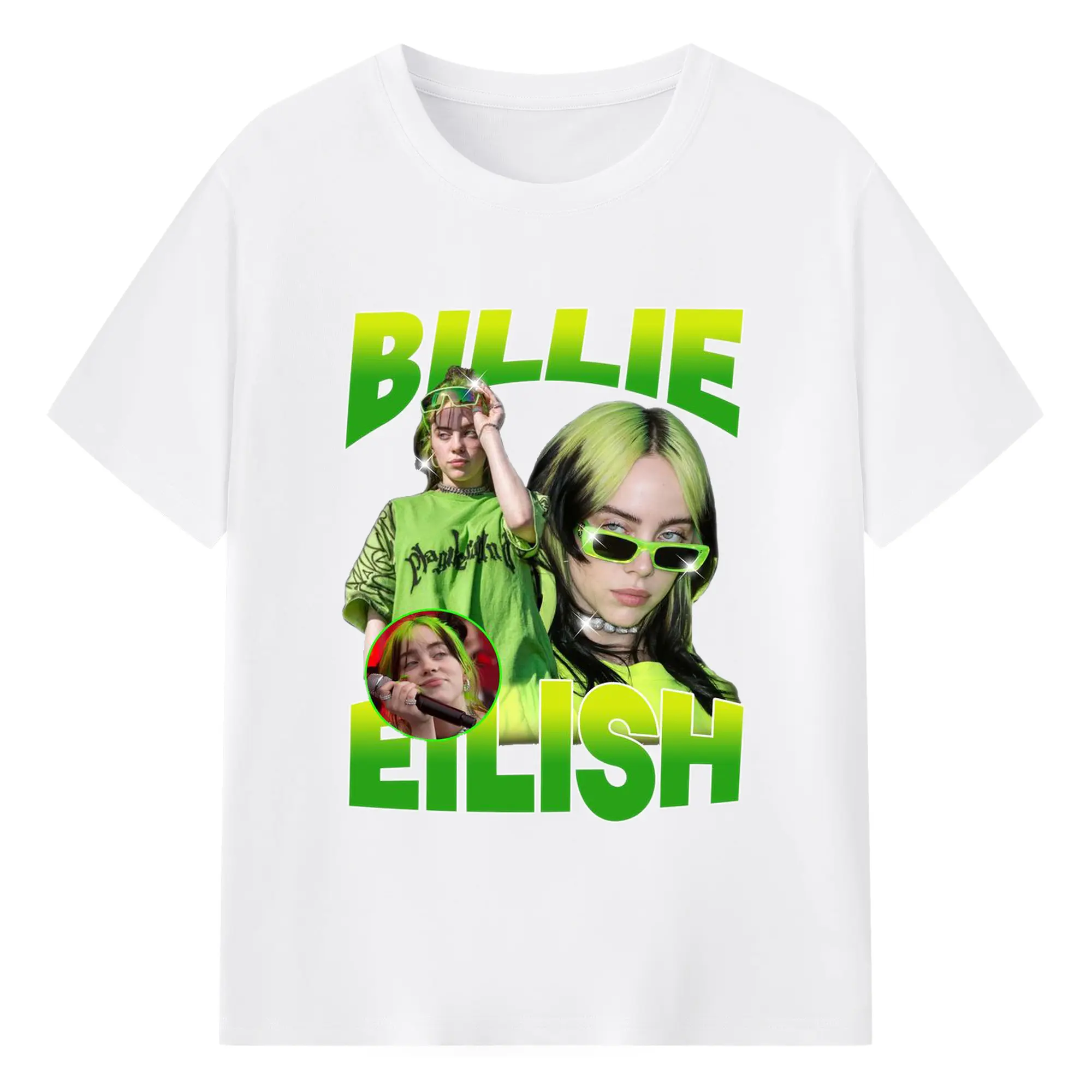 Billie Eilish Fluorescent Green Neon Retro DIY - 180g Cotton T-Shirt With Front Heat Transfer Print – Soft, Lightweight, Fitted Design – Comfortable Casual Wear For Sports & Everyday Use