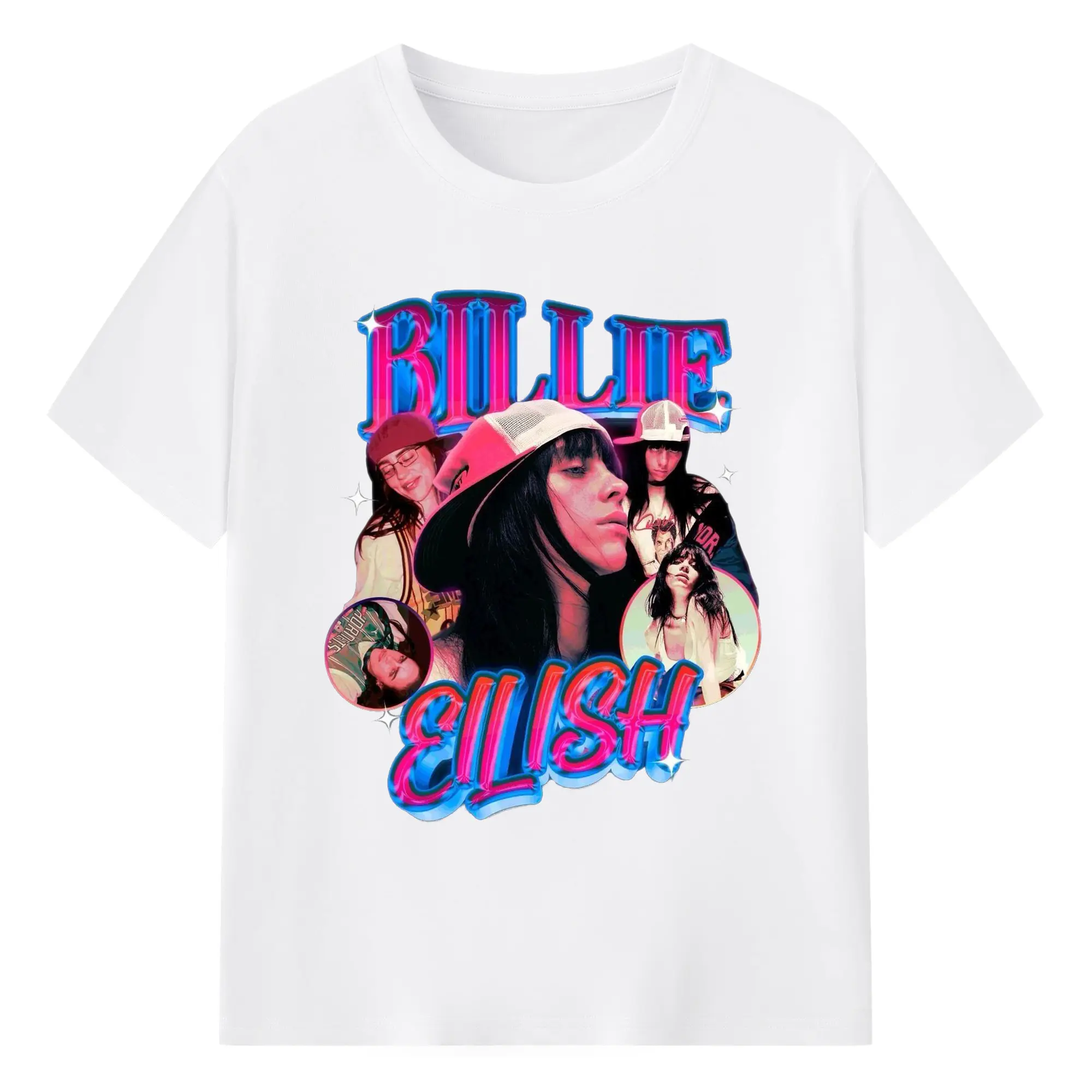 Billie Eilish Cyber Neon Collage DIY - 180g Cotton T-Shirt With Front Heat Transfer Print – Soft, Lightweight, Fitted Design – Comfortable Casual Wear For Sports & Everyday Use