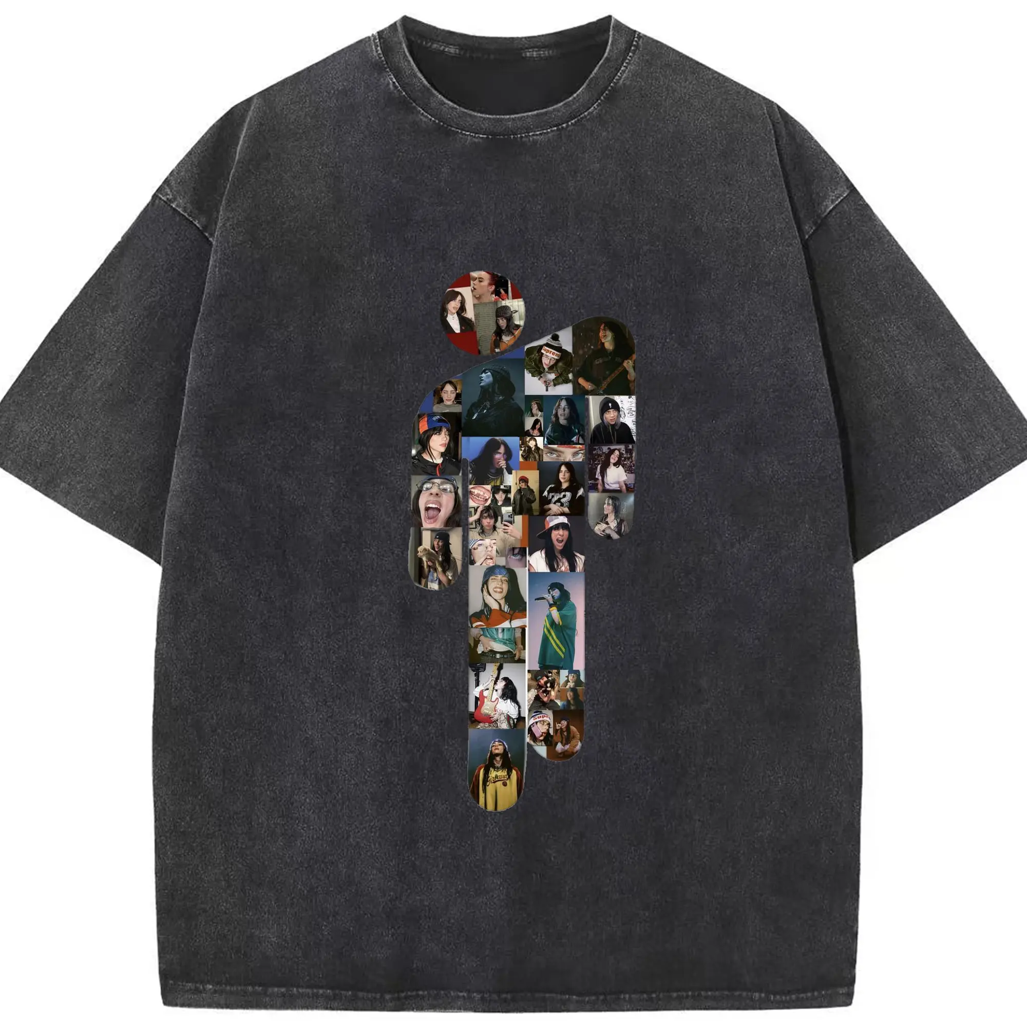 Billie Eilish Art Collage Logo DIY - Washed Vintage Look 230g Cotton Oversized T-Shirt With Front Heat Transfer Print – Soft, Lightweight, Stylish Fit – Comfortable Casual Wear For Sports & Everyday Use