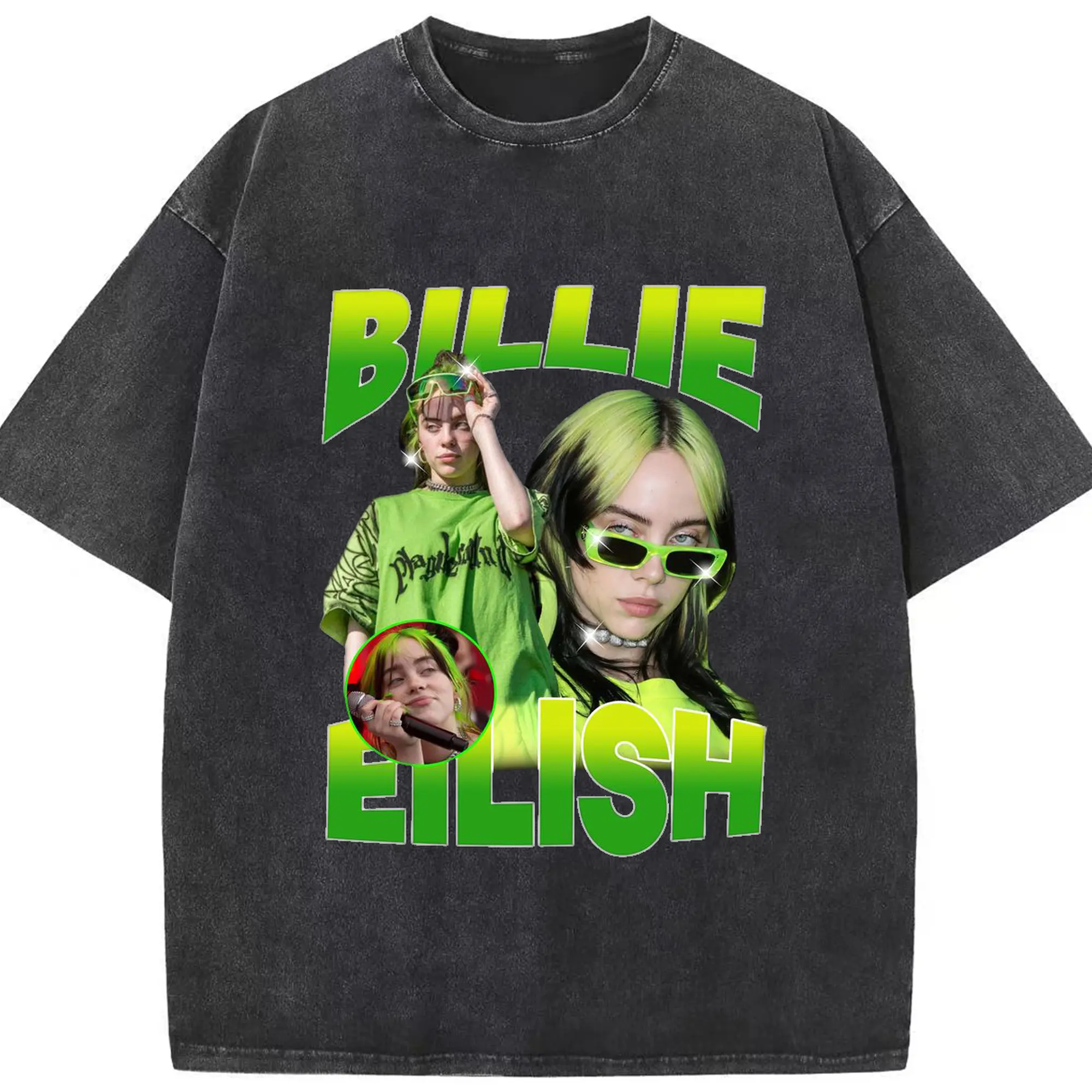 Billie Eilish Fluorescent Green Neon Retro DIY - Washed Vintage Look 230g Cotton Oversized T-Shirt With Front Heat Transfer Print – Soft, Lightweight, Stylish Fit – Comfortable Casual Wear For Sports & Everyday Use