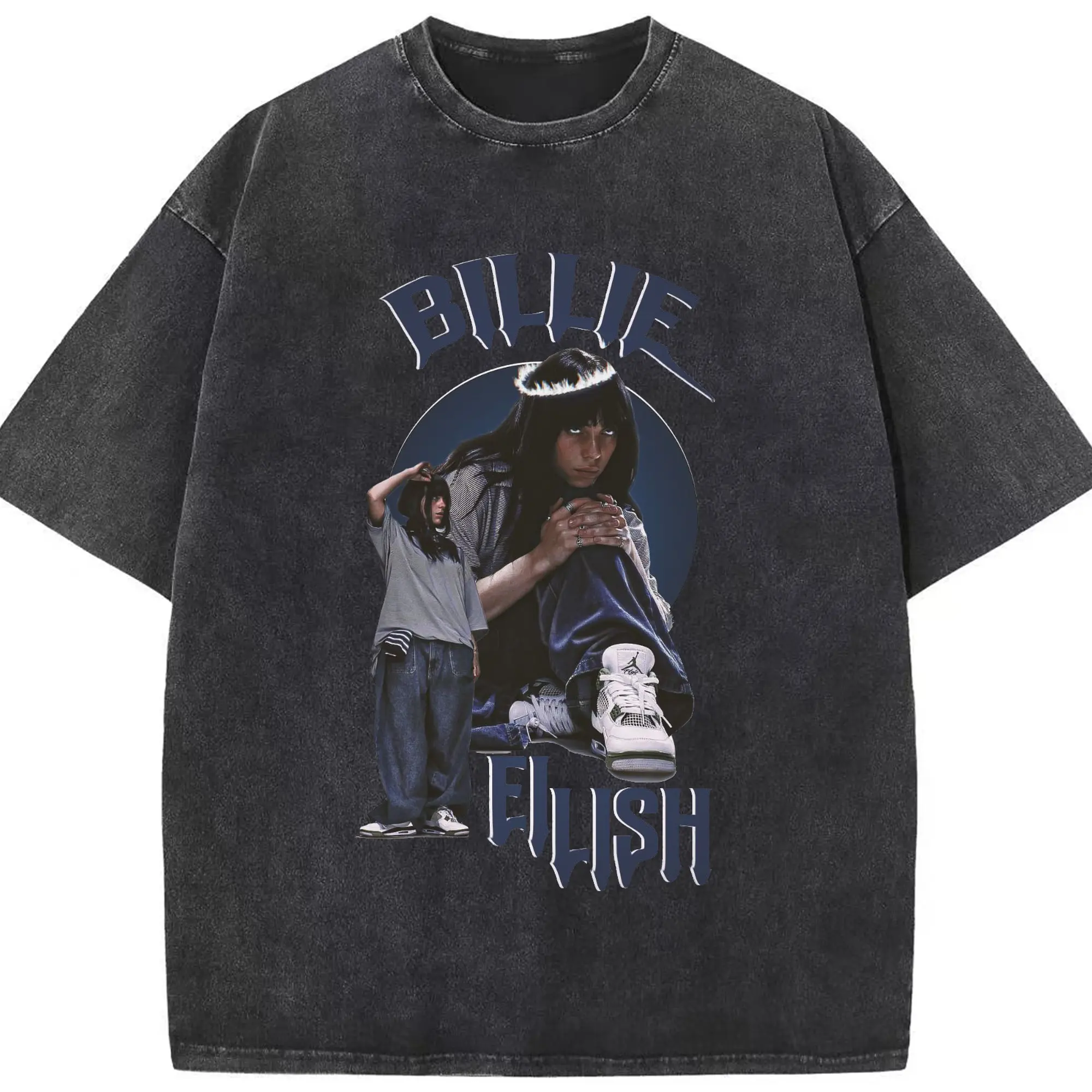 Billie Eilish Dark Street DIY - Washed Vintage Look 230g Cotton Oversized T-Shirt With Front Heat Transfer Print – Soft, Lightweight, Stylish Fit – Comfortable Casual Wear For Sports & Everyday Use