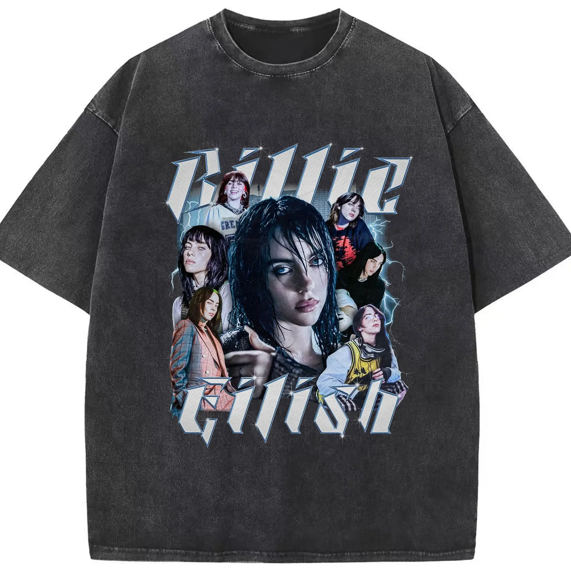 Retro Billie Eilish Collage 2K Aesthetic Oversized Graphic DIY - Washed Vintage Look 230g Cotton Oversized T-Shirt With Front Heat Transfer Print – Soft, Lightweight, Stylish Fit – Comfortable Casual Wear For Sports & Everyday Use