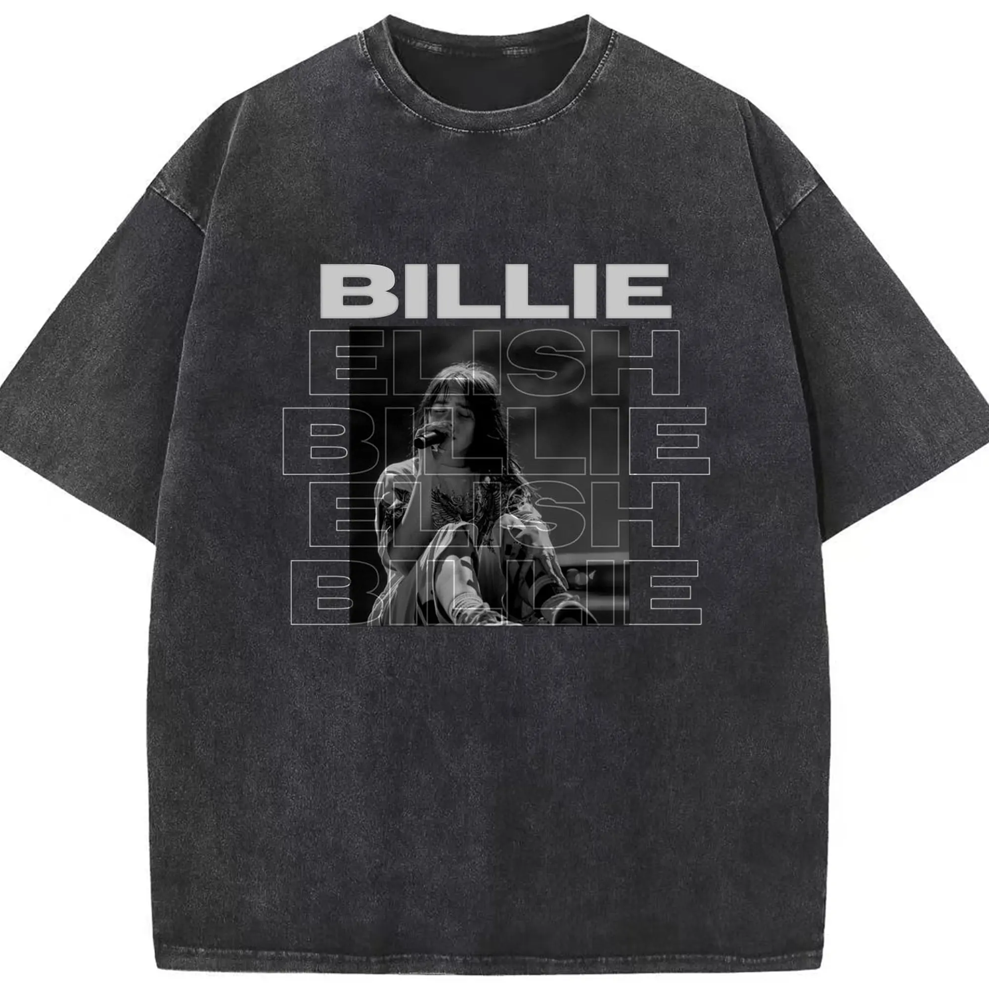 Billie Eilish Minimalist Black & White DIY - Washed Vintage Look 230g Cotton Oversized T-Shirt With Front Heat Transfer Print – Soft, Lightweight, Stylish Fit – Comfortable Casual Wear For Sports & Everyday Use