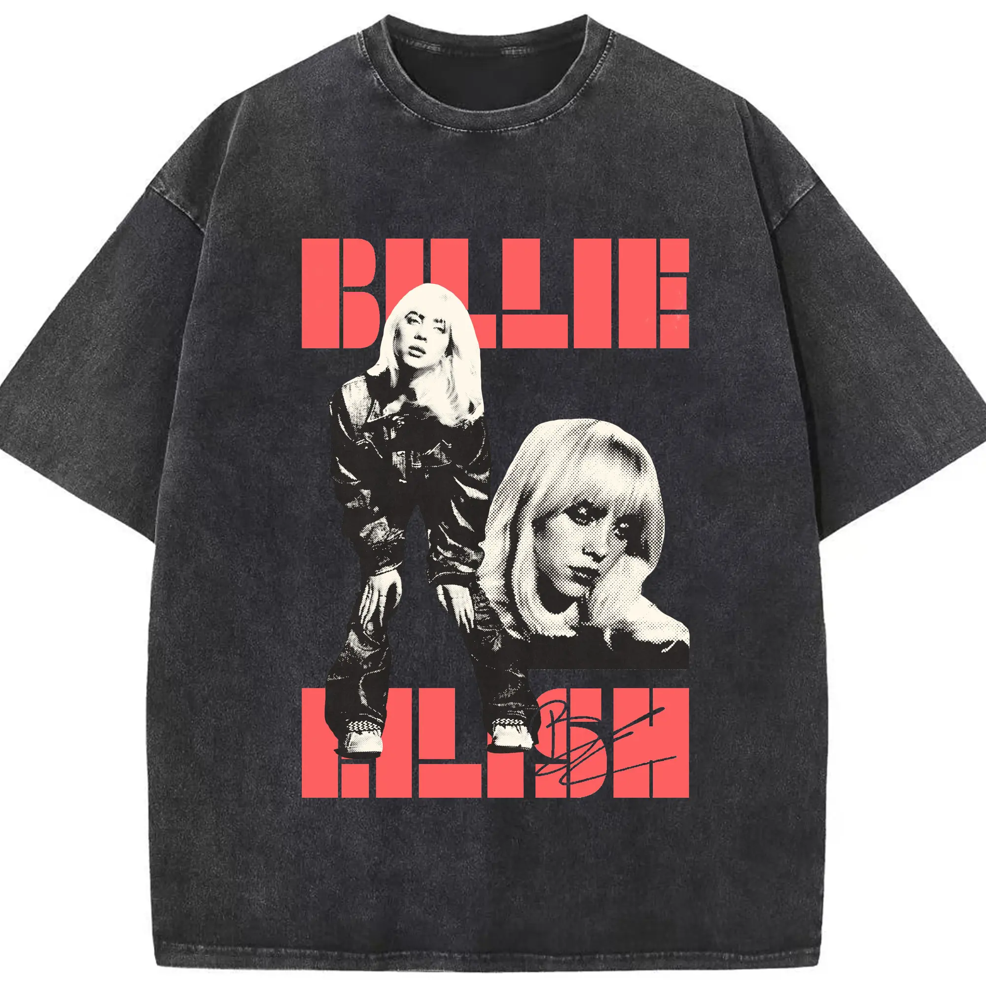 Billie Eilish Retro Pop Punk DIY - Washed Vintage Look 230g Cotton Oversized T-Shirt With Front Heat Transfer Print – Soft, Lightweight, Stylish Fit – Comfortable Casual Wear For Sports & Everyday Use