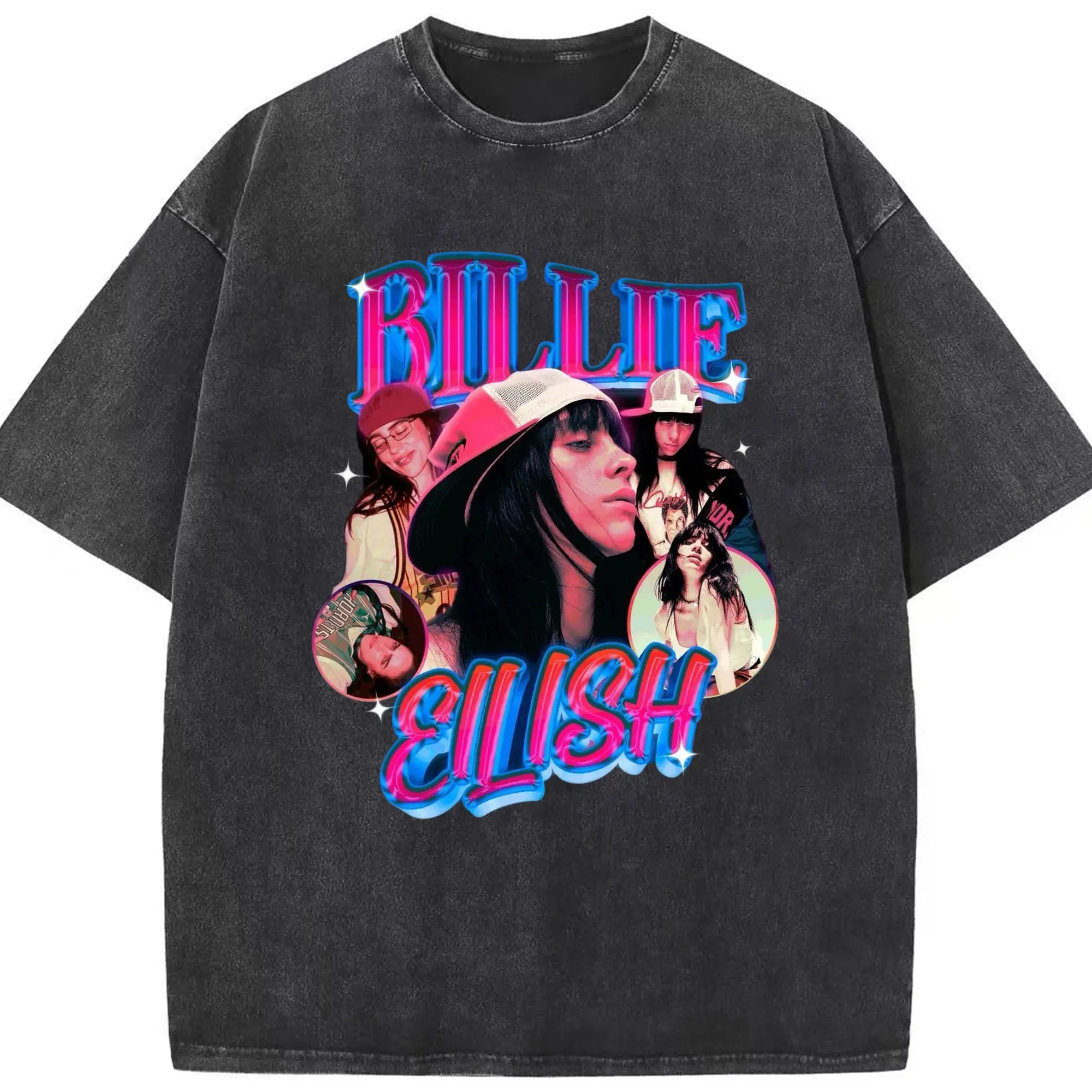 Billie Eilish Cyber Neon Collage DIY - Washed Vintage Look 230g Cotton Oversized T-Shirt With Front Heat Transfer Print – Soft, Lightweight, Stylish Fit – Comfortable Casual Wear For Sports & Everyday Use