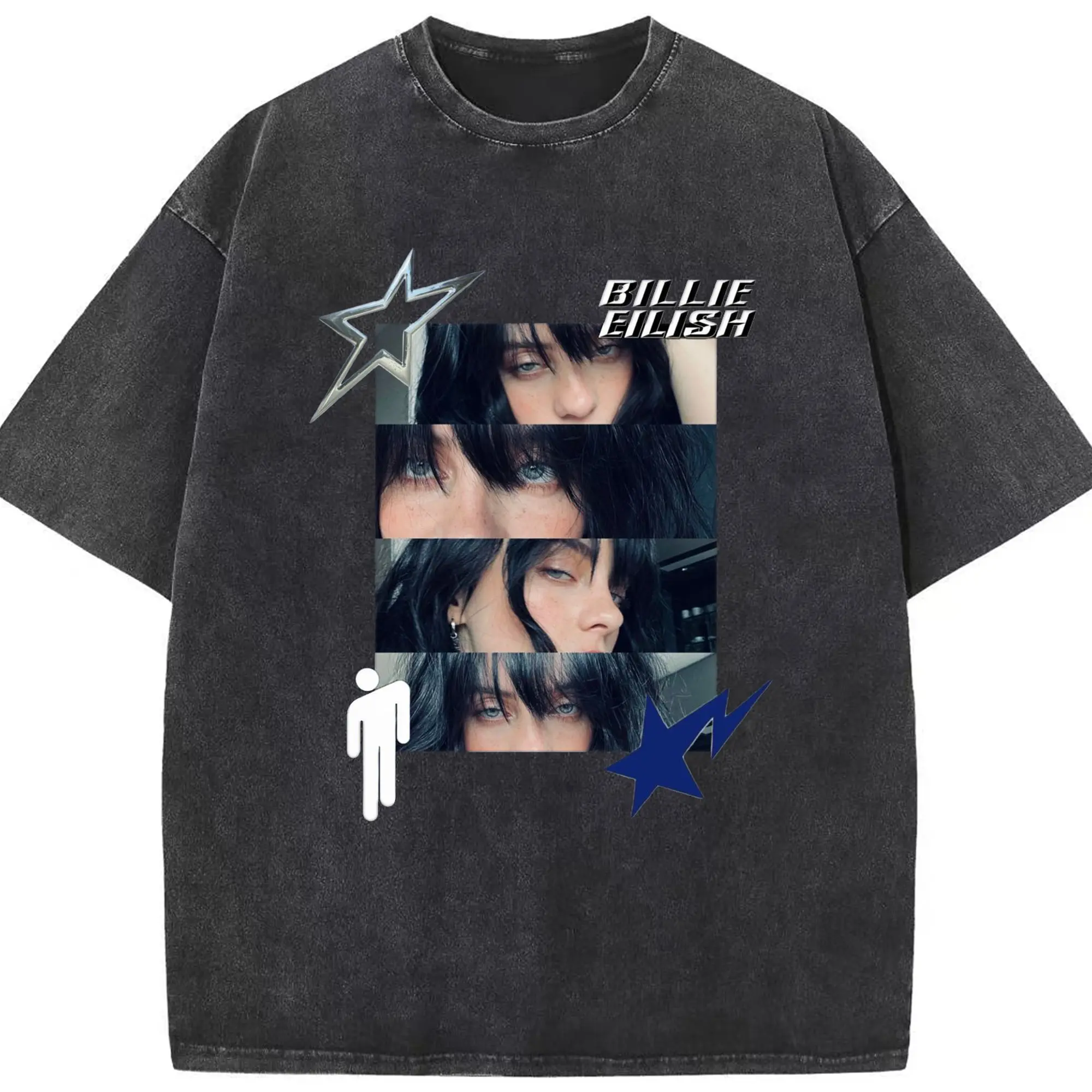 Billie Eilish Minimalist Star Collage DIY - Washed Vintage Look 230g Cotton Oversized T-Shirt With Front Heat Transfer Print – Soft, Lightweight, Stylish Fit – Comfortable Casual Wear For Sports & Everyday Use