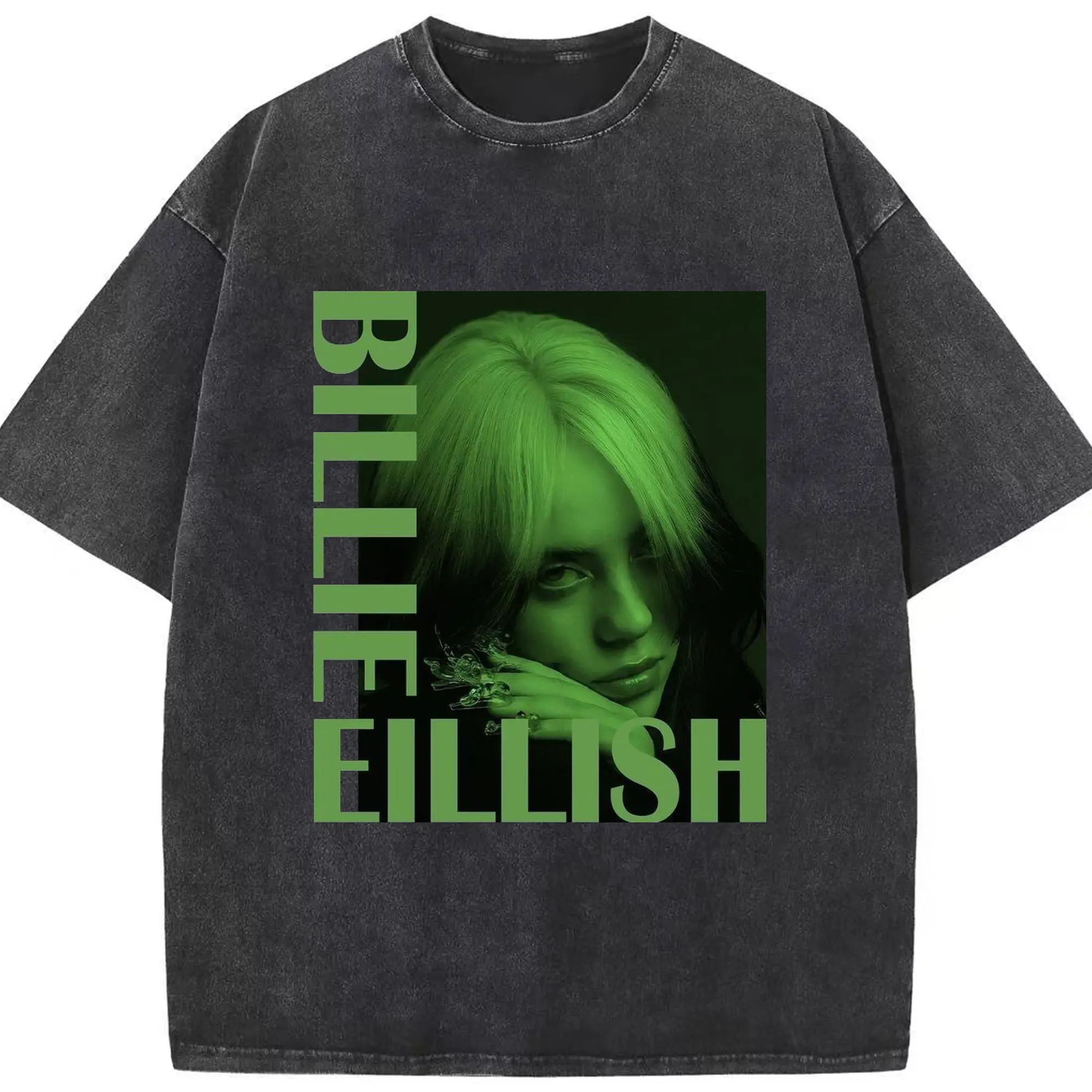 Billie Eilish Minimalist Color Block DIY - Washed Vintage Look 230g Cotton Oversized T-Shirt With Front Heat Transfer Print – Soft, Lightweight, Stylish Fit – Comfortable Casual Wear For Sports & Everyday Use