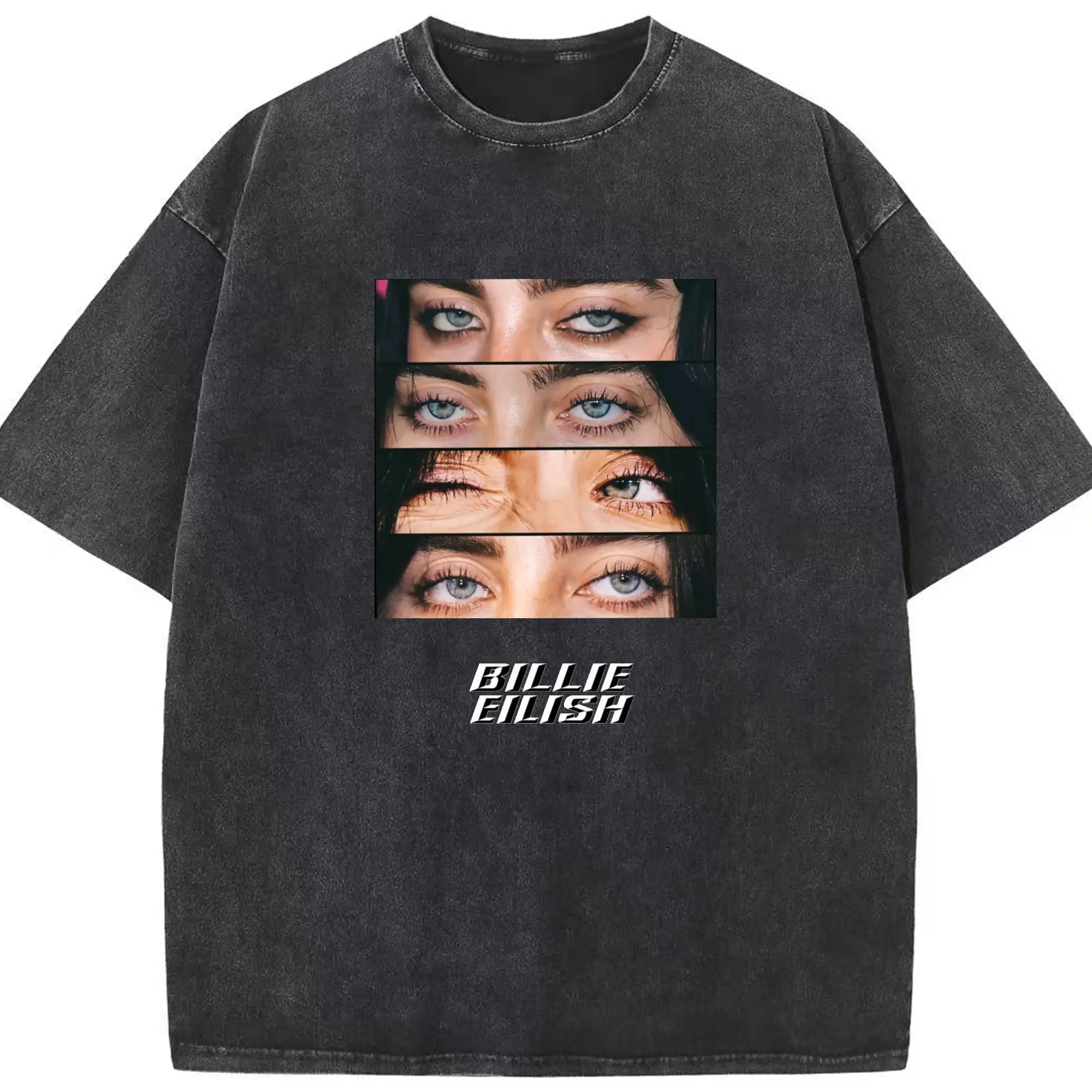 Billie Eilish Artistic Eye Collage DIY - Washed Vintage Look 230g Cotton Oversized T-Shirt With Front Heat Transfer Print – Soft, Lightweight, Stylish Fit – Comfortable Casual Wear For Sports & Everyday Use