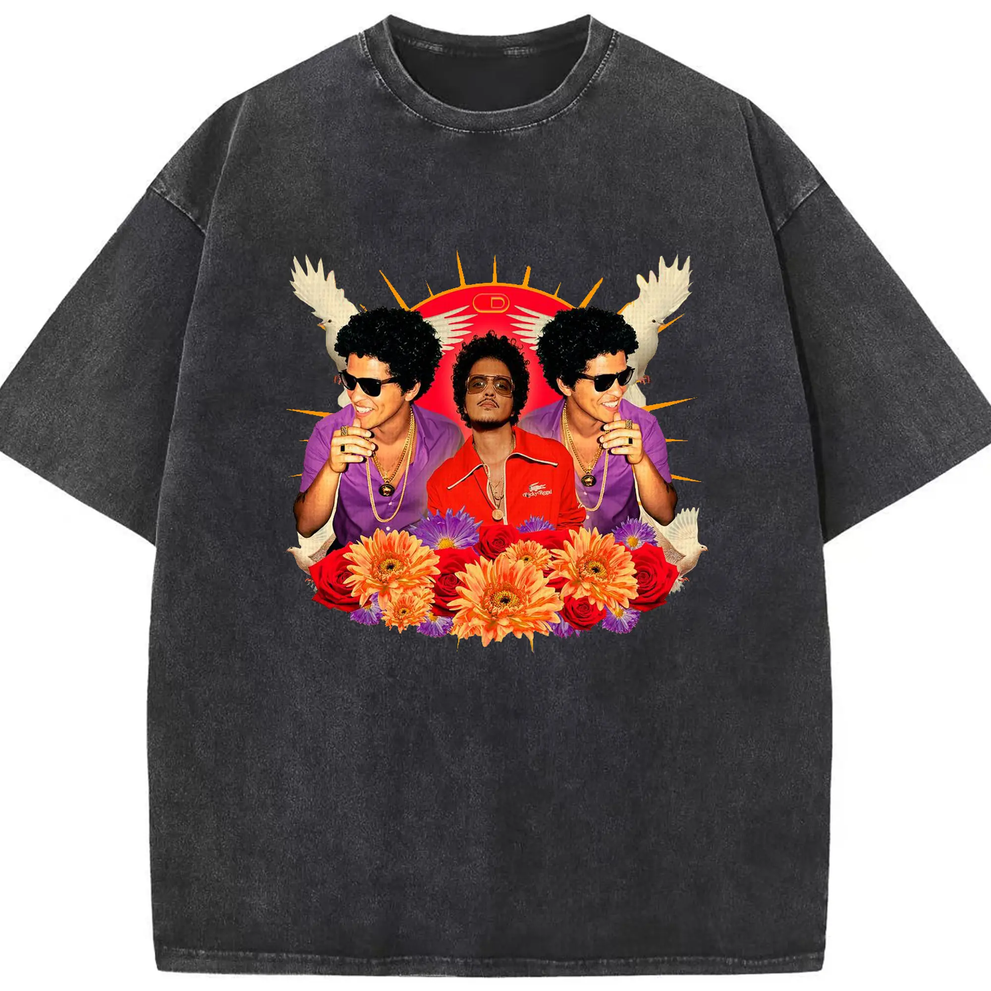 Bruno Mars Retro Funk Tropical DIY - Washed Vintage Look 230g Cotton Oversized T-Shirt With Front Heat Transfer Print – Soft, Lightweight, Stylish Fit – Comfortable Casual Wear For Sports & Everyday Use