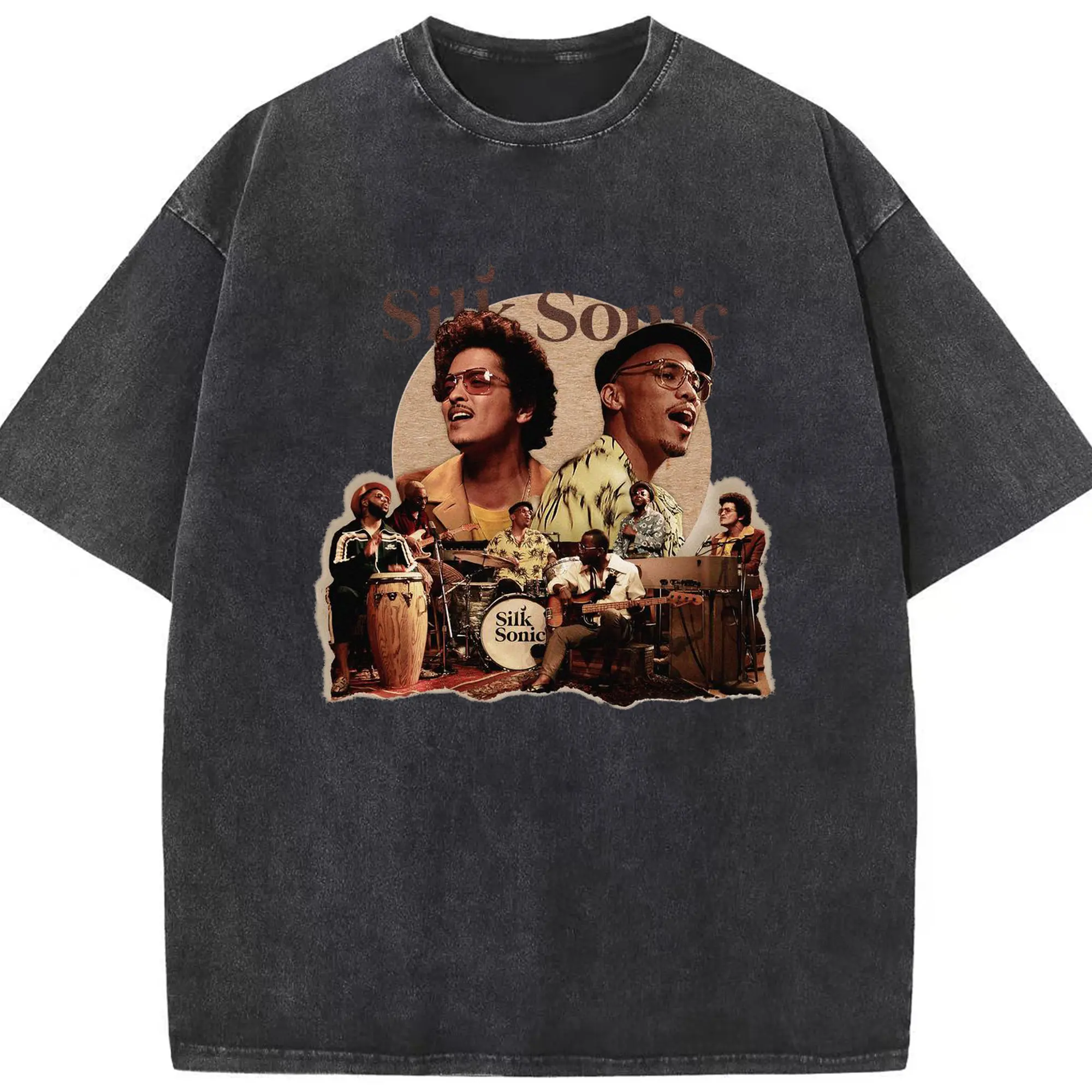 Bruno Mars Silk Sonic Retro Soul Funk DIY - Washed Vintage Look 230g Cotton Oversized T-Shirt With Front Heat Transfer Print – Soft, Lightweight, Stylish Fit – Comfortable Casual Wear For Sports & Everyday Use