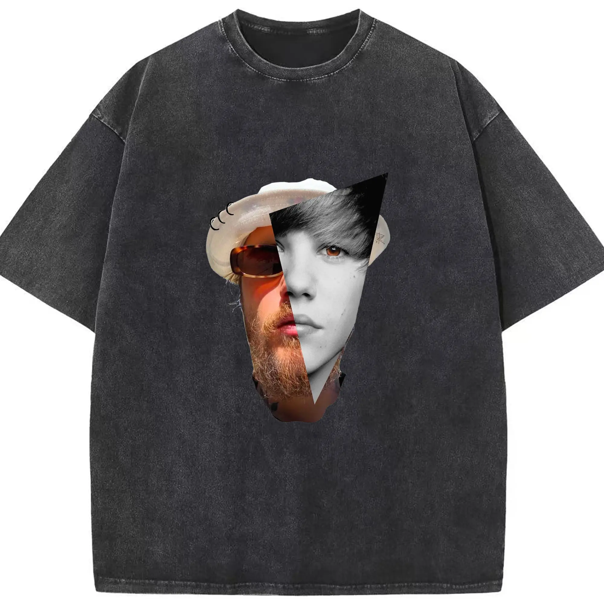 Justin Bieber Surreal Collage Avant-Garde DIY - Washed Vintage Look 230g Cotton Oversized T-Shirt With Front Heat Transfer Print – Soft, Lightweight, Stylish Fit – Comfortable Casual Wear For Sports & Everyday Use