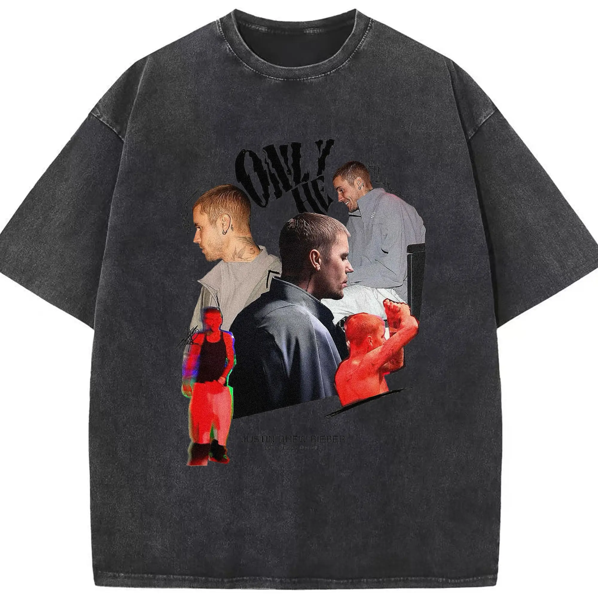 Justin Bieber ONLU HE Retro Collage DIY - Washed Vintage Look 230g Cotton Oversized T-Shirt With Front Heat Transfer Print – Soft, Lightweight, Stylish Fit – Comfortable Casual Wear For Sports & Everyday Use