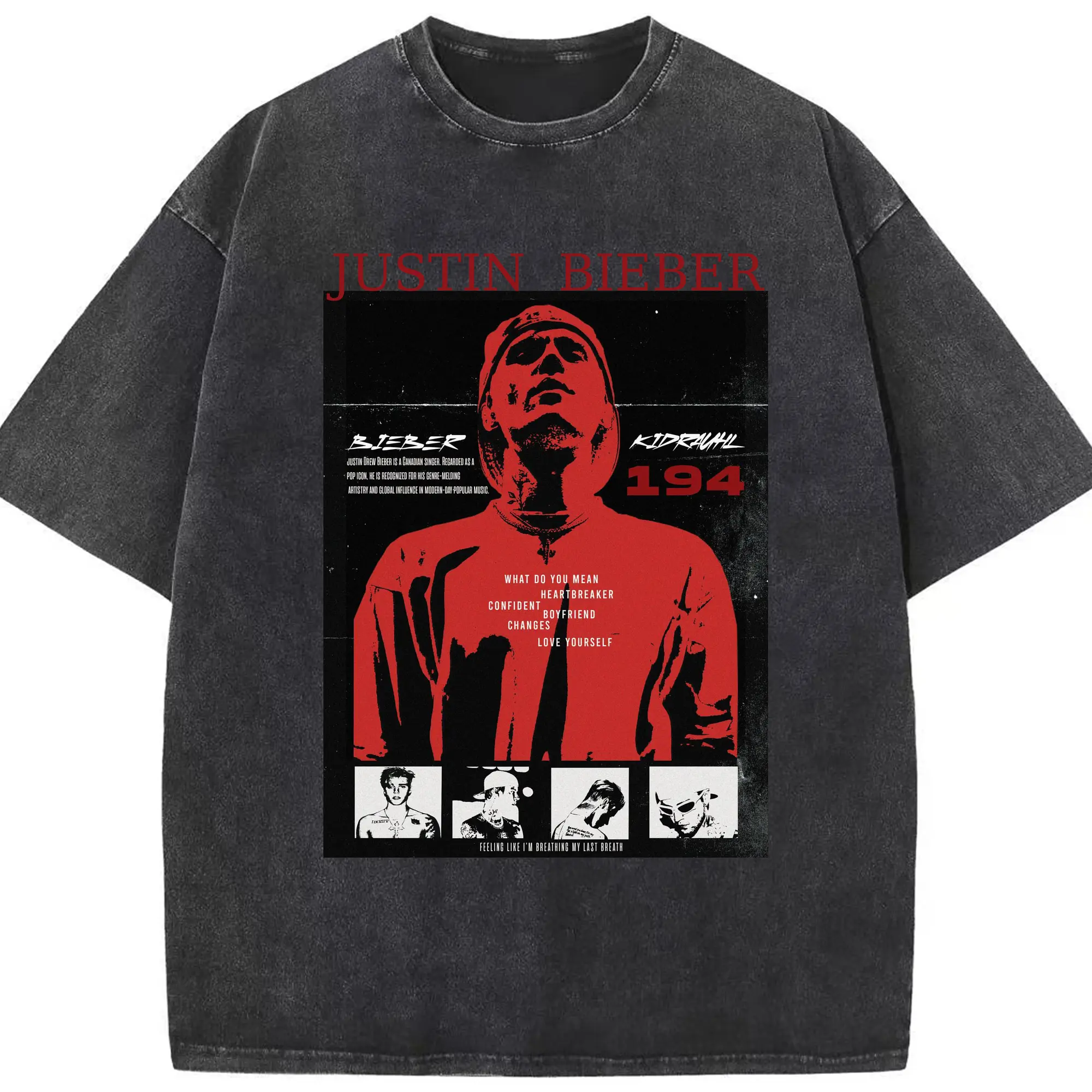 Justin Bieber Pop Music-Themed Aesthetics DIY - Washed Vintage Look 230g Cotton Oversized T-Shirt With Front Heat Transfer Print – Soft, Lightweight, Stylish Fit – Comfortable Casual Wear For Sports & Everyday Use