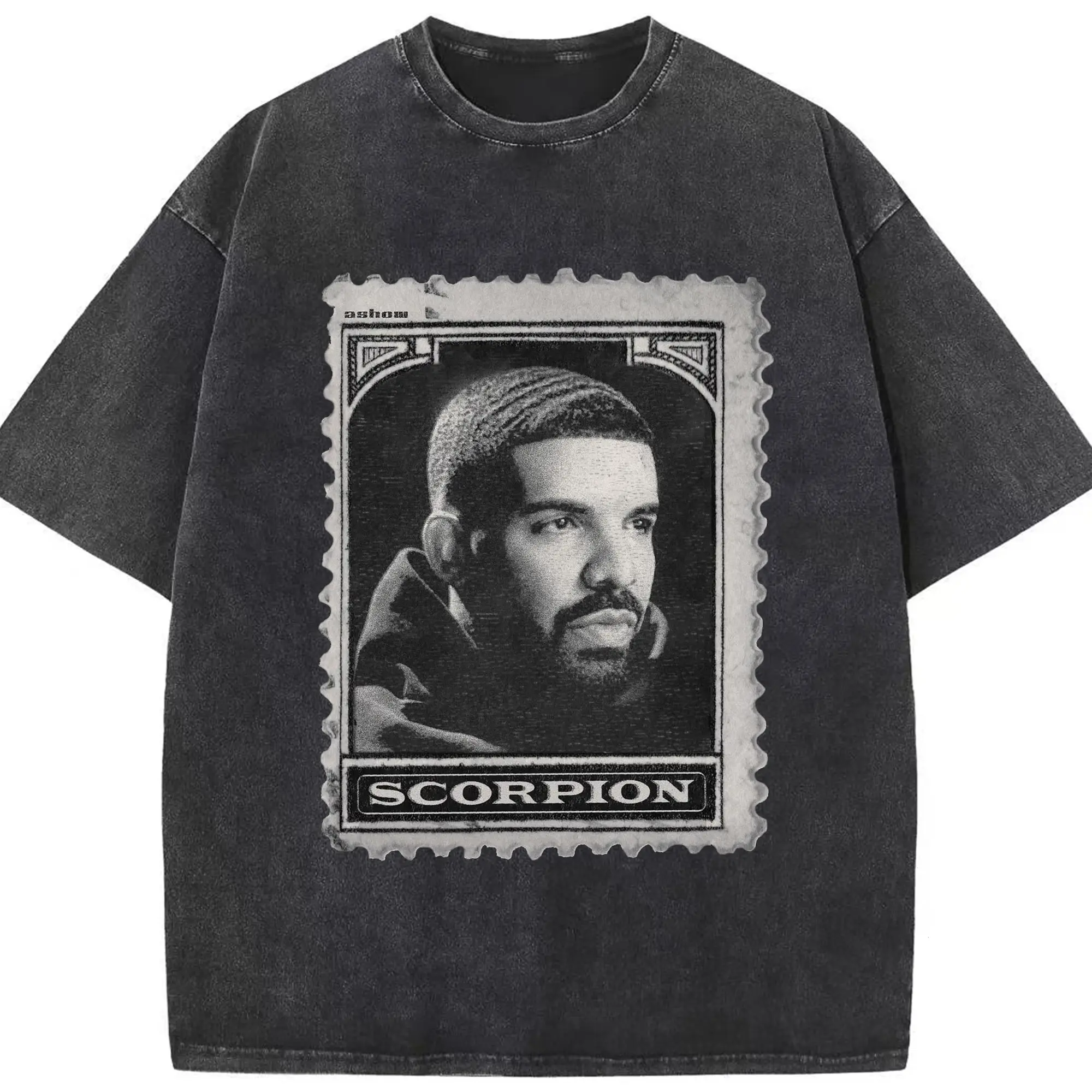Drake Retro Stamp Scorpion DIY - Washed Vintage Look 230g Cotton Oversized T-Shirt With Front Heat Transfer Print – Soft, Lightweight, Stylish Fit – Comfortable Casual Wear For Sports & Everyday Use