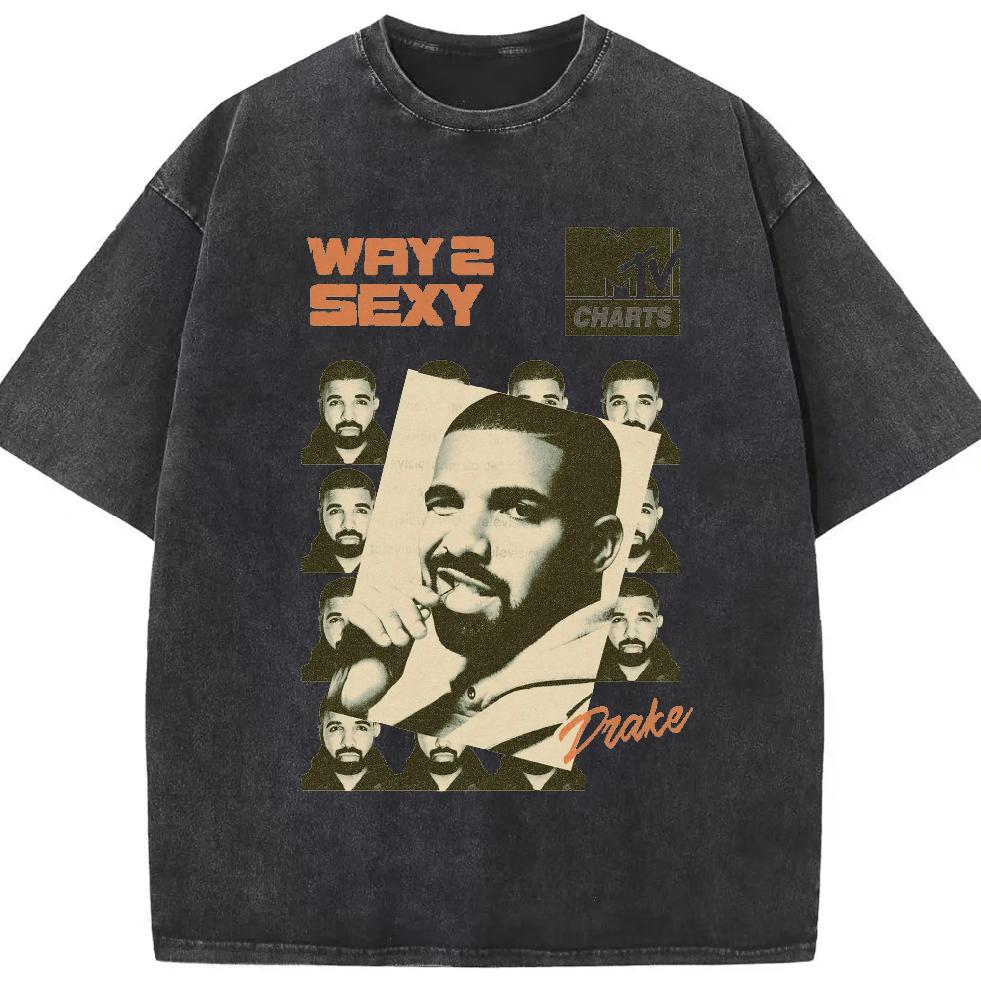 Drake Way 2 Sexy Retro Hip-Hop DIY - Washed Vintage Look 230g Cotton Oversized T-Shirt With Front Heat Transfer Print – Soft, Lightweight, Stylish Fit – Comfortable Casual Wear For Sports & Everyday Use