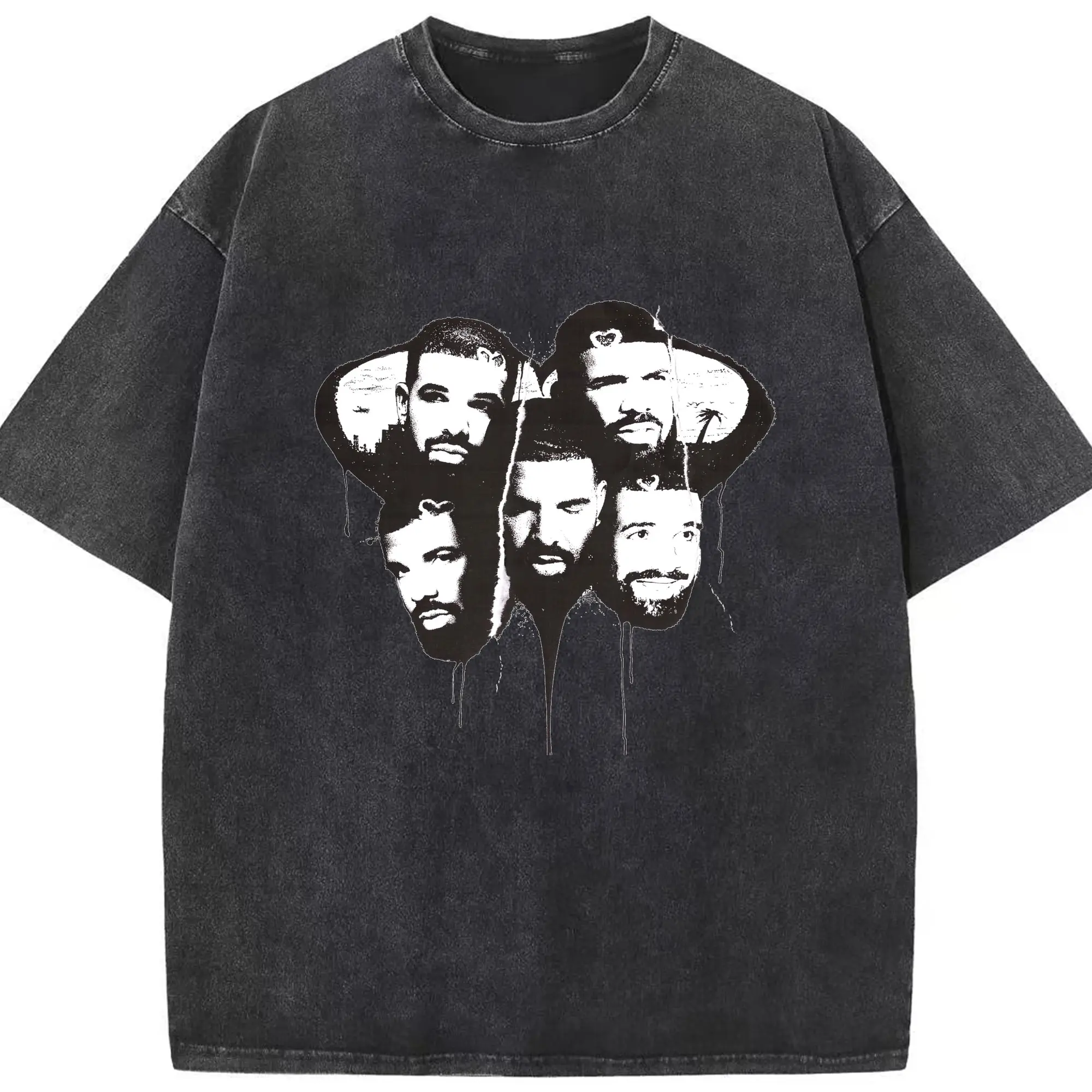 Drake Black & White Art Collage DIY - Washed Vintage Look 230g Cotton Oversized T-Shirt With Front Heat Transfer Print – Soft, Lightweight, Stylish Fit – Comfortable Casual Wear For Sports & Everyday Use