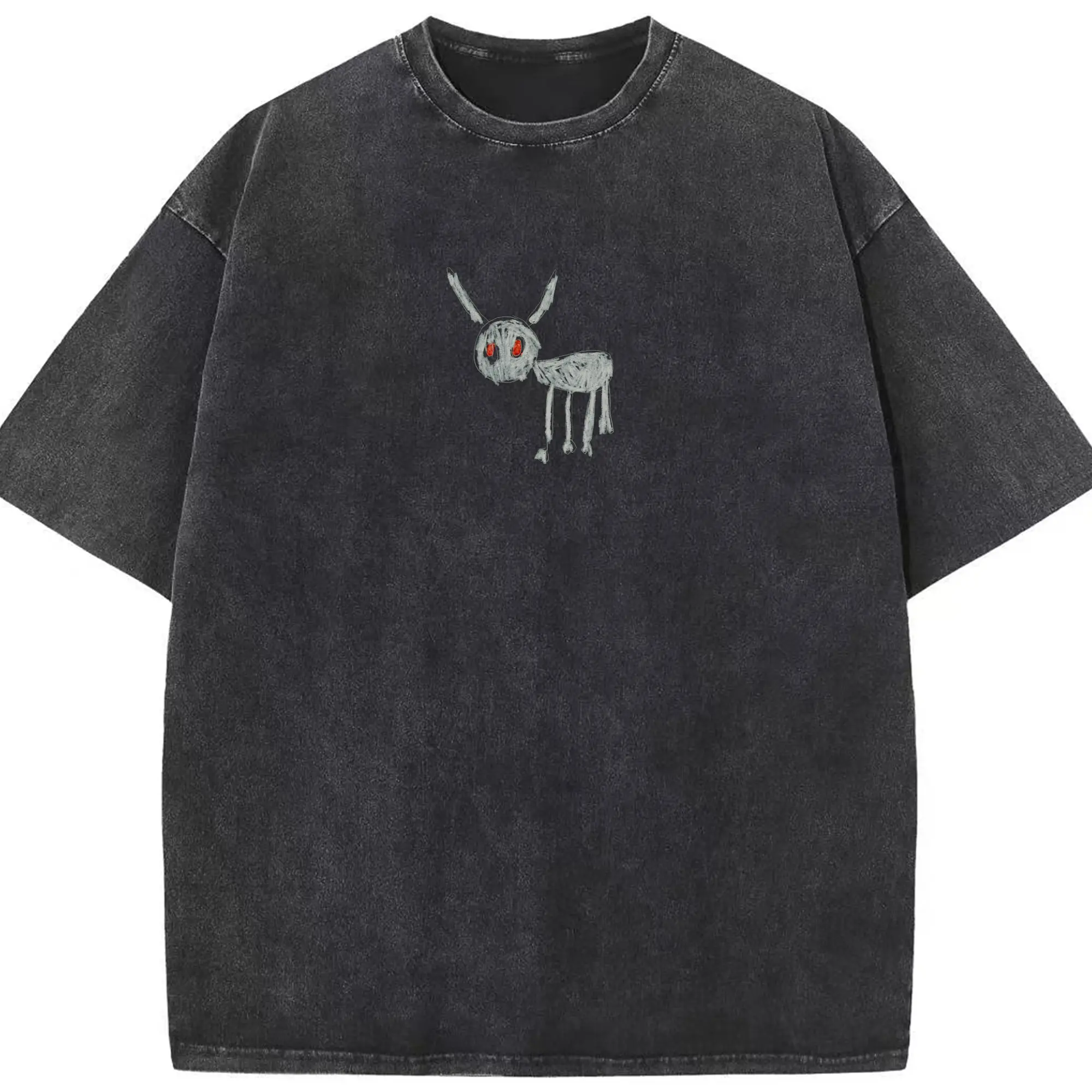 Dark Hand-Drawn Weird Creature DIY - Washed Vintage Look 230g Cotton Oversized T-Shirt With Front Heat Transfer Print – Soft, Lightweight, Stylish Fit – Comfortable Casual Wear For Sports & Everyday Use