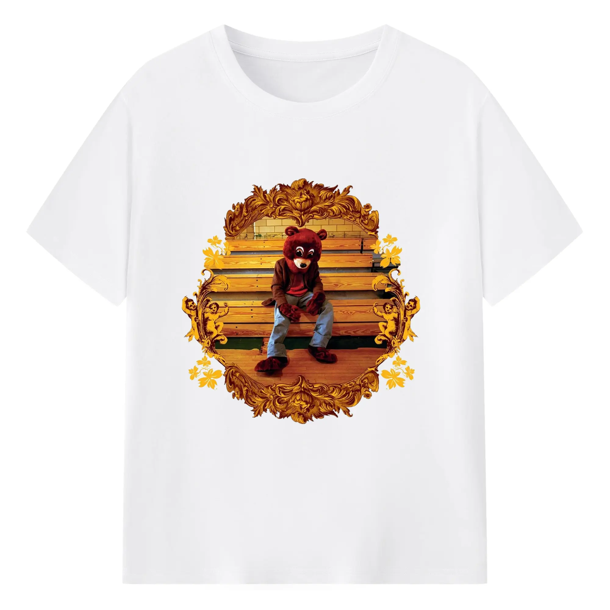 Kanye West College Dropout Bear Retro Baroque DIY - 180g Cotton T-Shirt With Front Heat Transfer Print – Soft, Lightweight, Fitted Design – Comfortable Casual Wear For Sports & Everyday Use