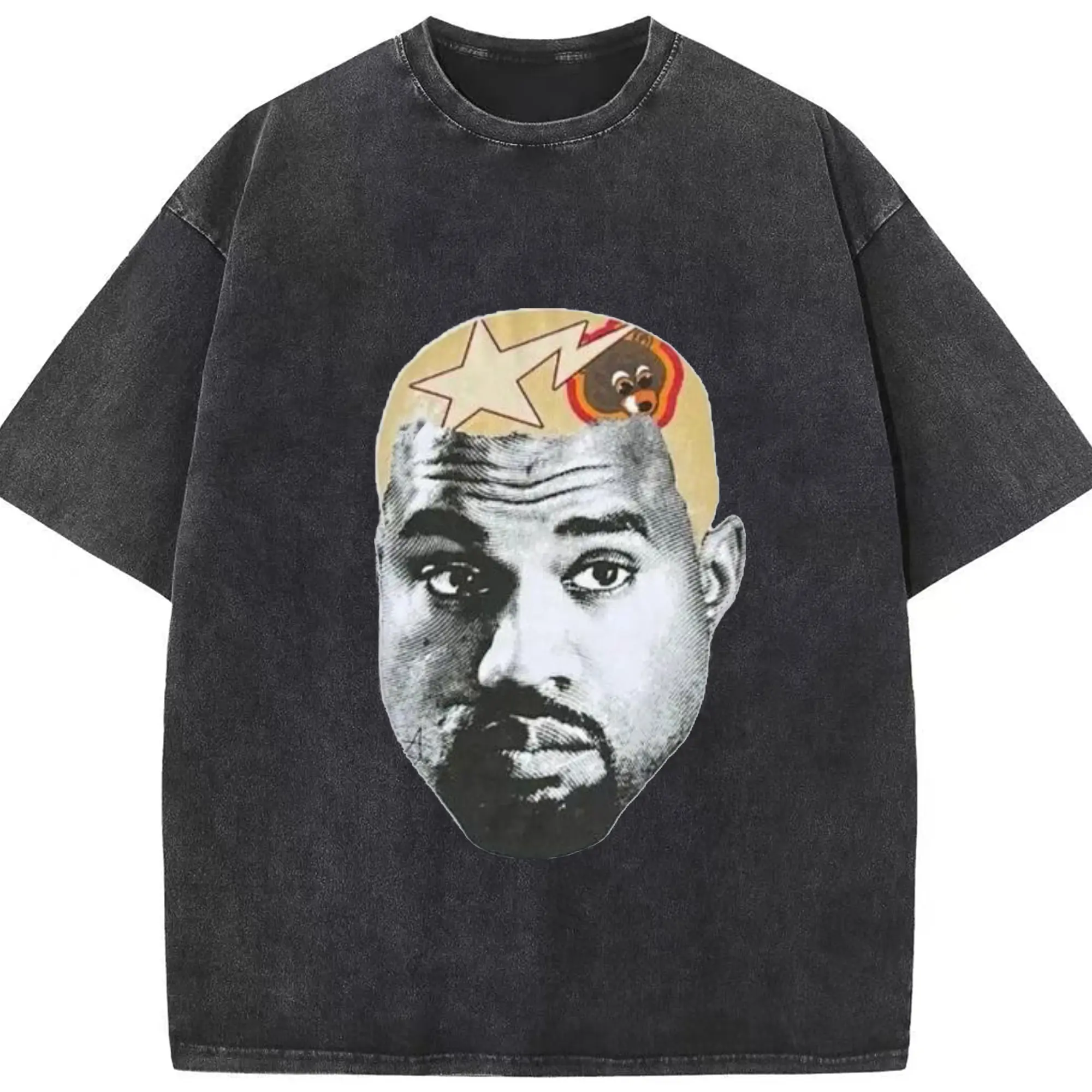 Kanye West Art Collage Cartoon DIY - Washed Vintage Look 230g Cotton Oversized T-Shirt With Front Heat Transfer Print – Soft, Lightweight, Stylish Fit – Comfortable Casual Wear For Sports & Everyday Use