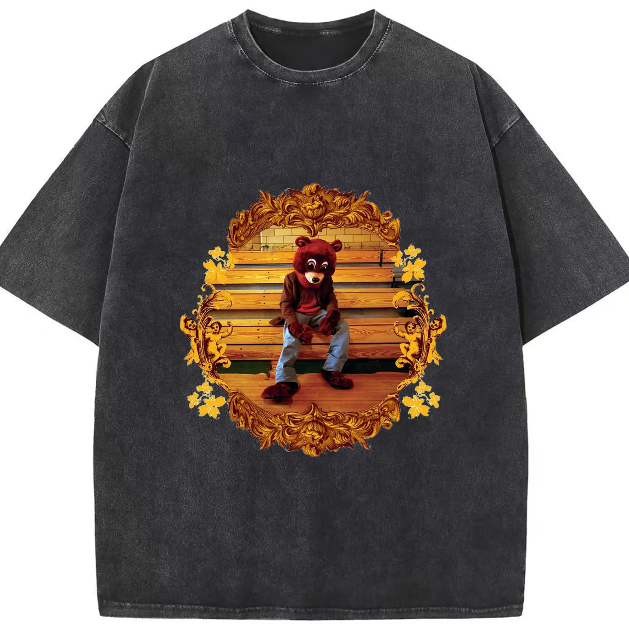 Kanye West College Dropout Bear Retro Baroque DIY - Washed Vintage Look 230g Cotton Oversized T-Shirt With Front Heat Transfer Print – Soft, Lightweight, Stylish Fit – Comfortable Casual Wear For Sports & Everyday Use