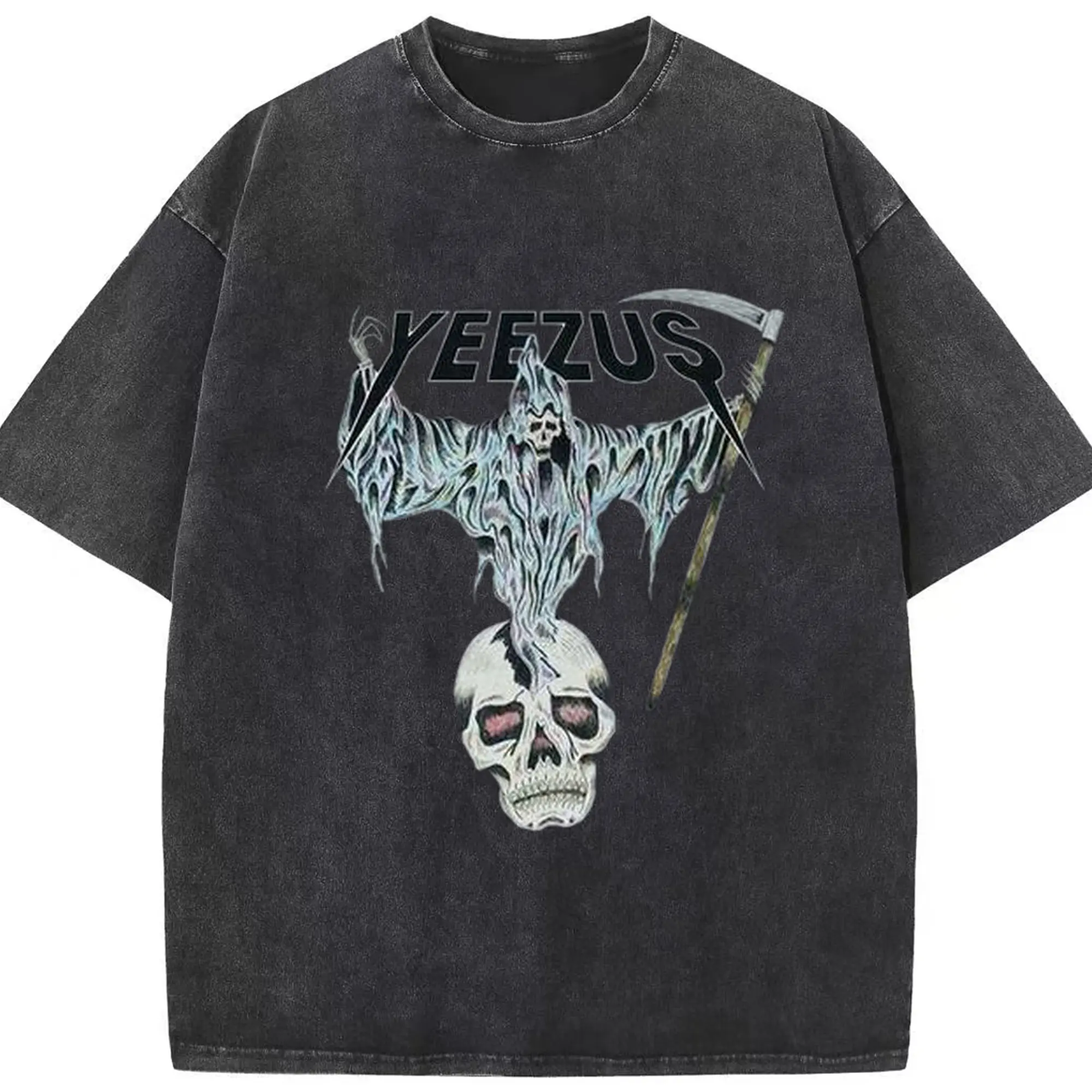 Kanye West YEEZUS Dark Metal DIY - Washed Vintage Look 230g Cotton Oversized T-Shirt With Front Heat Transfer Print – Soft, Lightweight, Stylish Fit – Comfortable Casual Wear For Sports & Everyday Use