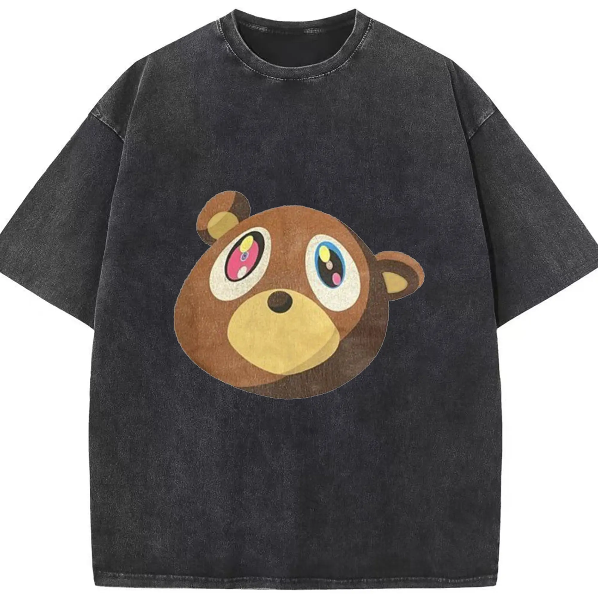 Kanye West Retro Pop Art Cartoon Bear DIY - Washed Vintage Look 230g Cotton Oversized T-Shirt With Front Heat Transfer Print – Soft, Lightweight, Stylish Fit – Comfortable Casual Wear For Sports & Everyday Use