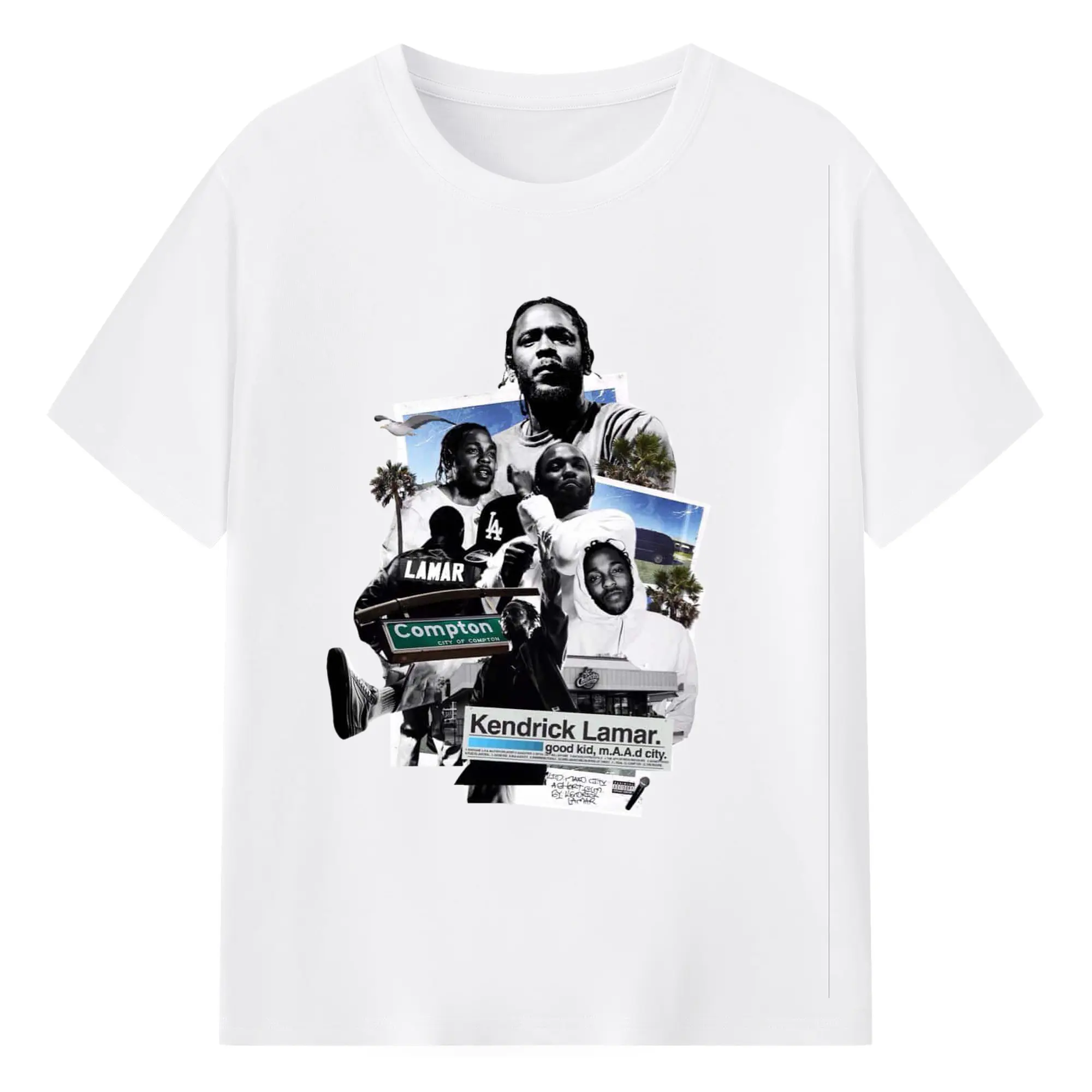 Kendrick Lamar Retro Collage 《good kid, m.A.A.d city》DIY - 180g Cotton T-Shirt With Front Heat Transfer Print – Soft, Lightweight, Fitted Design – Comfortable Casual Wear For Sports & Everyday Use