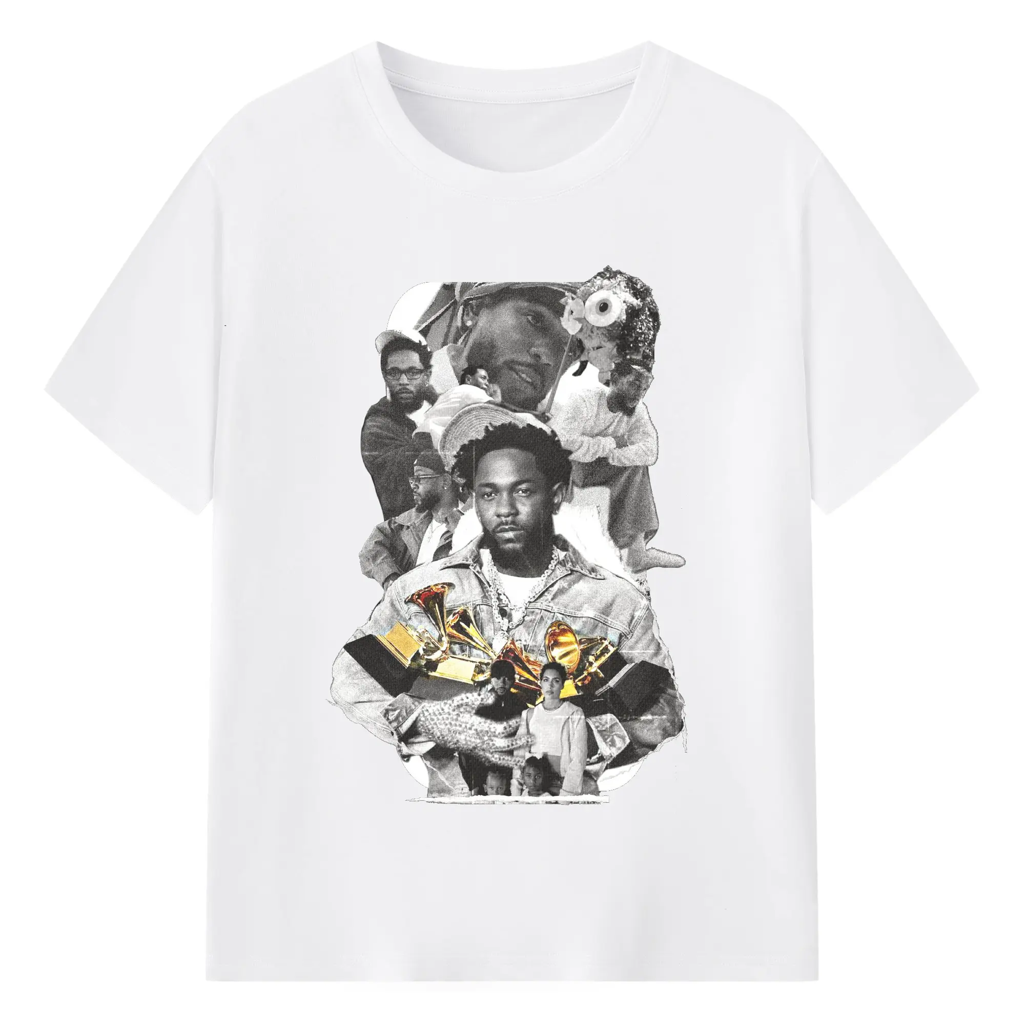Kendrick Lamar Retro Collage Grammy Hip-Hop DIY - 180g Cotton T-Shirt With Front Heat Transfer Print – Soft, Lightweight, Fitted Design – Comfortable Casual Wear For Sports & Everyday Use