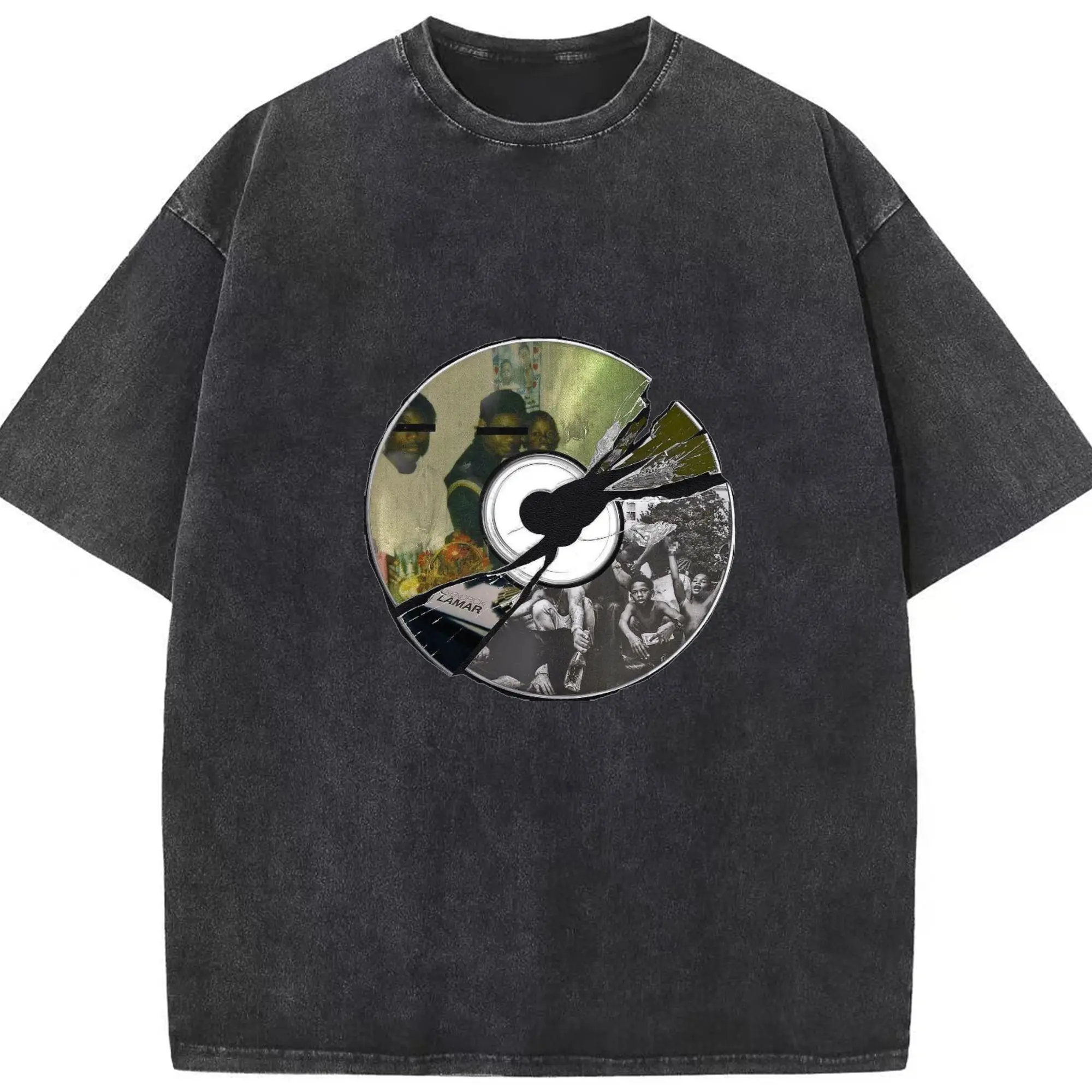 Kendrick Lamar Retro CD Collage DIY - Washed Vintage Look 230g Cotton Oversized T-Shirt With Front Heat Transfer Print – Soft, Lightweight, Stylish Fit – Comfortable Casual Wear For Sports & Everyday Use