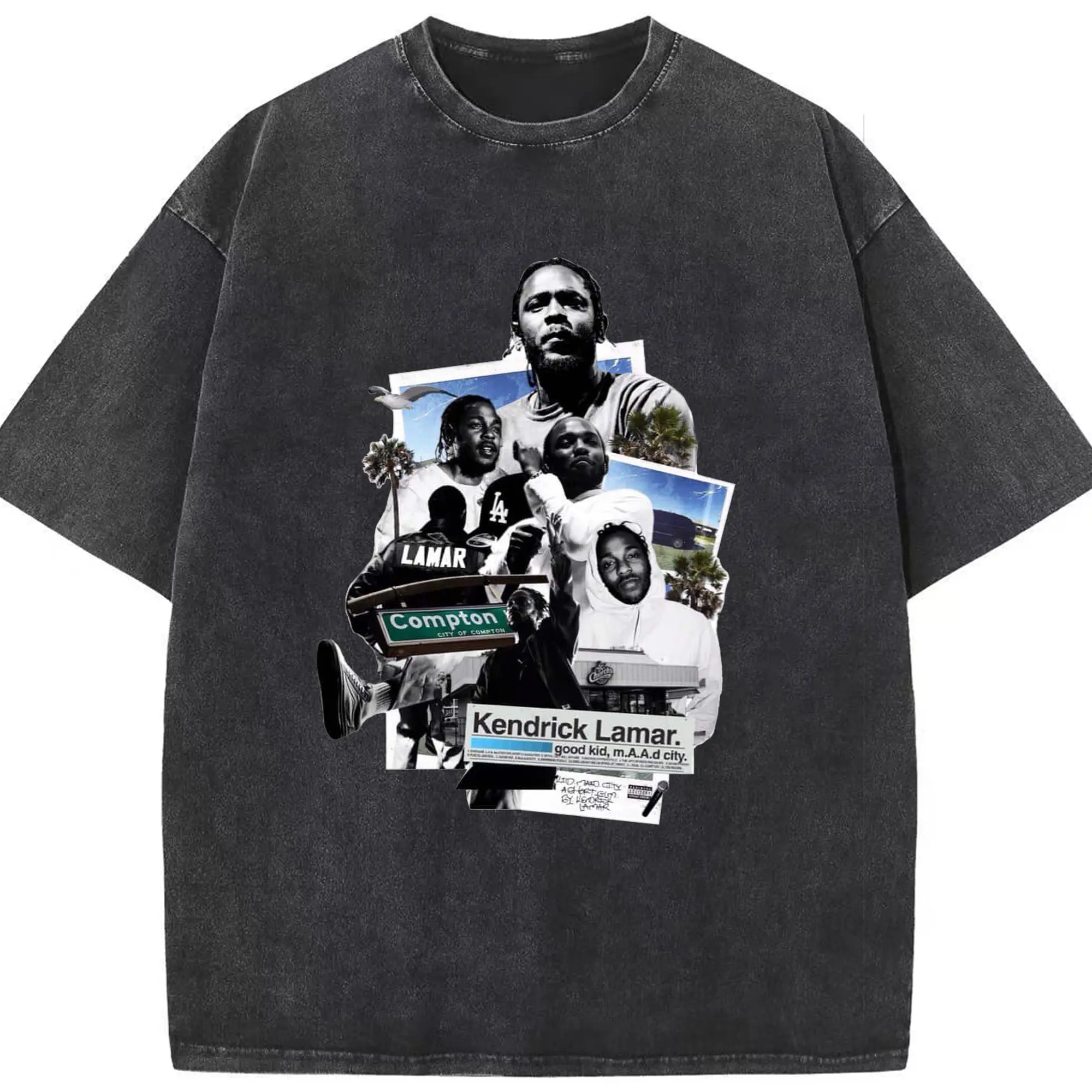 Kendrick Lamar Retro Collage 《good kid, m.A.A.d city》DIY - Washed Vintage Look 230g Cotton Oversized T-Shirt With Front Heat Transfer Print – Soft, Lightweight, Stylish Fit – Comfortable Casual Wear For Sports & Everyday Use