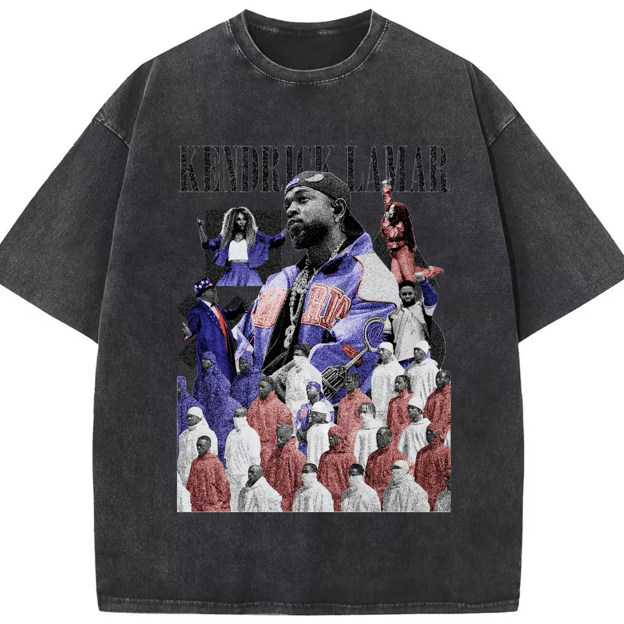 Kendrick Lamar Retro Collage Hip-Hop DIY - Washed Vintage Look 230g Cotton Oversized T-Shirt With Front Heat Transfer Print – Soft, Lightweight, Stylish Fit – Comfortable Casual Wear For Sports & Everyday Use