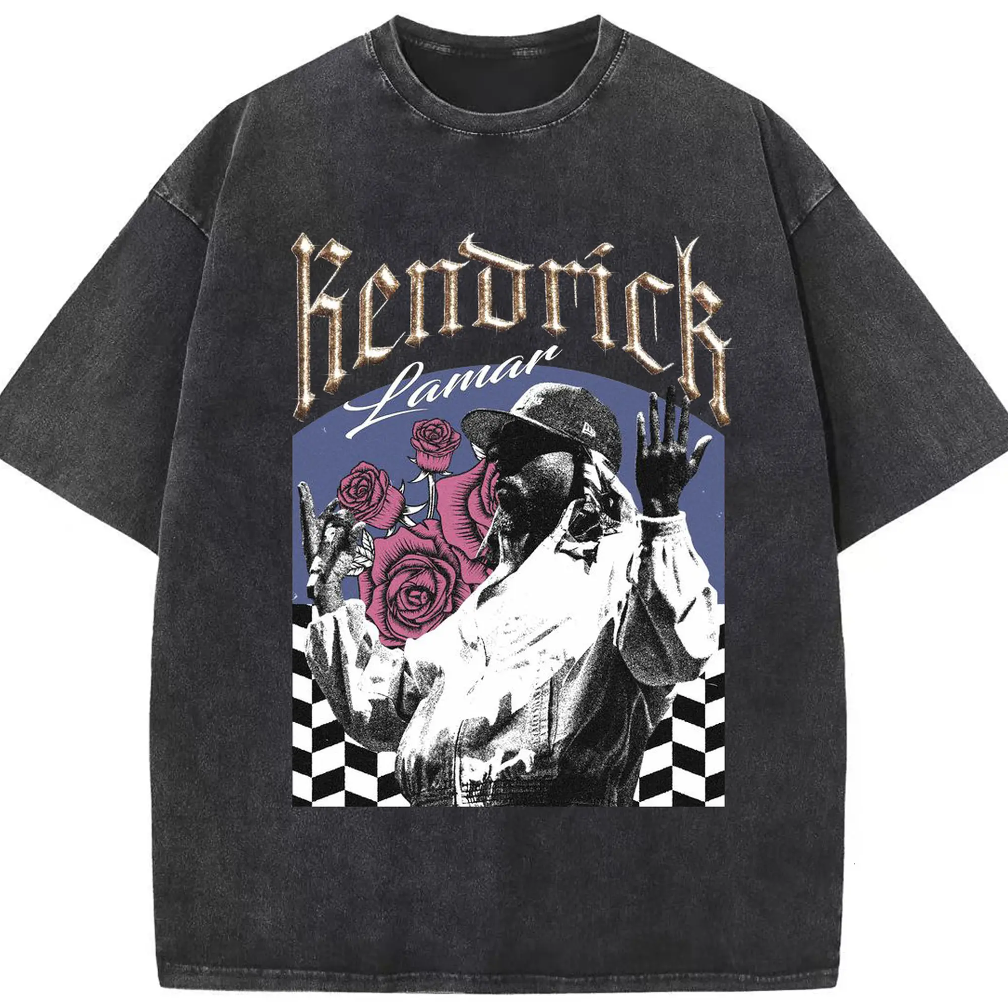 Kendrick Lamar Retro Gothic Rose Hip-Hop DIY - Washed Vintage Look 230g Cotton Oversized T-Shirt With Front Heat Transfer Print – Soft, Lightweight, Stylish Fit – Comfortable Casual Wear For Sports & Everyday Use